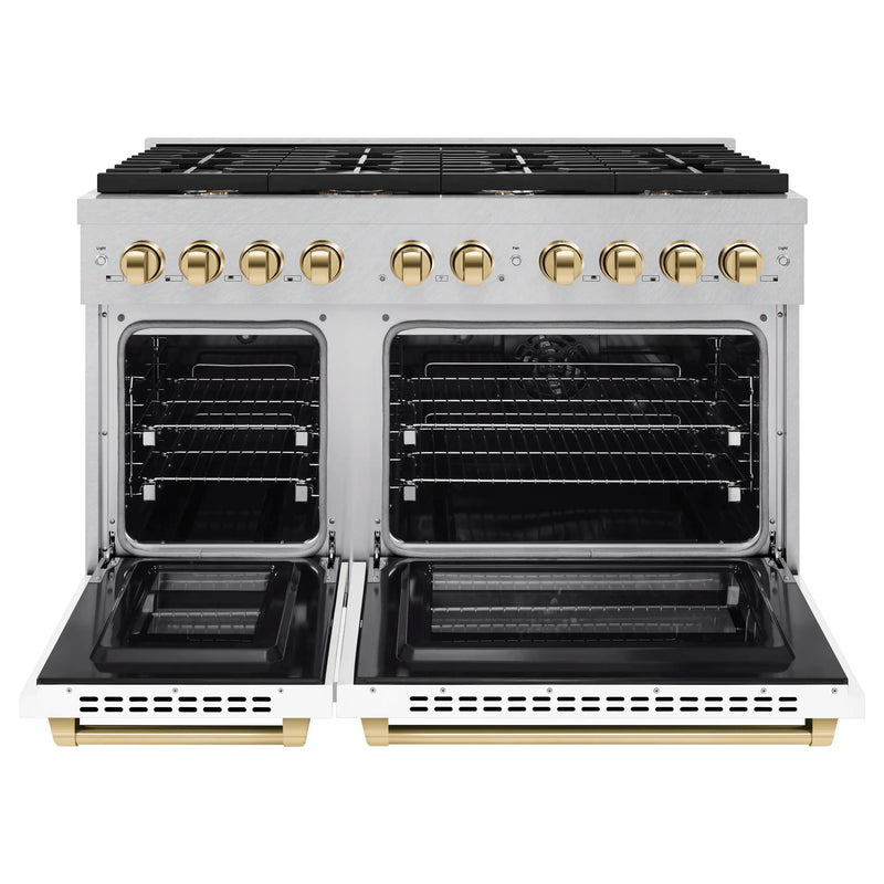 ZLINE Autograph Edition 48-Inch 6.7 cu. ft. Paramount Double Oven Dual Fuel Range with 8 Burner Gas Cooktop in DuraSnow Stainless Steel with White Matte Doors and Polished Gold Accents (SDRSZ-WM-48-G)