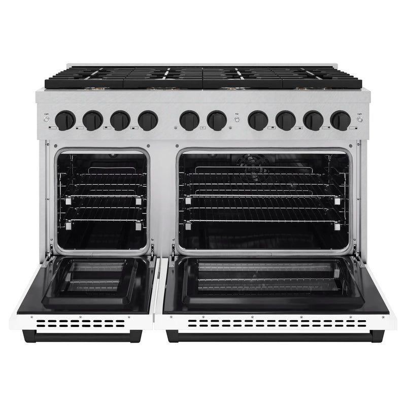 ZLINE Autograph Edition 48-Inch 6.7 cu. ft. Paramount Double Oven Dual Fuel Range with 8 Burner Gas Cooktop in DuraSnow Stainless Steel with White Matte Doors and Matte Black Accents (SDRSZ-WM-48-MB)