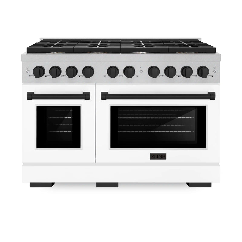 ZLINE Autograph Edition 48-Inch 6.7 cu. ft. Paramount Double Oven Dual Fuel Range with 8 Burner Gas Cooktop in DuraSnow Stainless Steel with White Matte Doors and Matte Black Accents (SDRSZ-WM-48-MB)