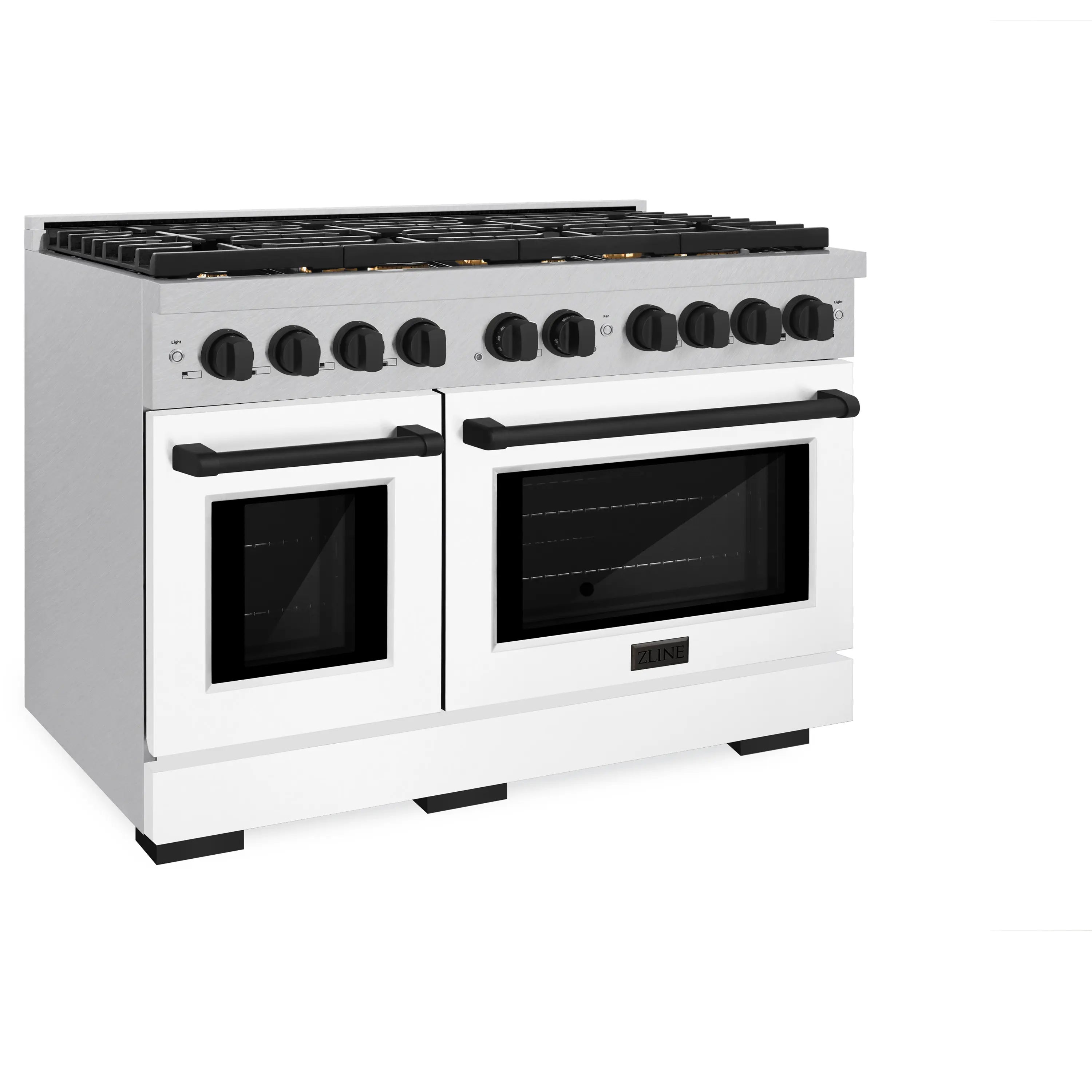Satin stainless steel dual-fuel range front corner view with matte black knobs and oven handles