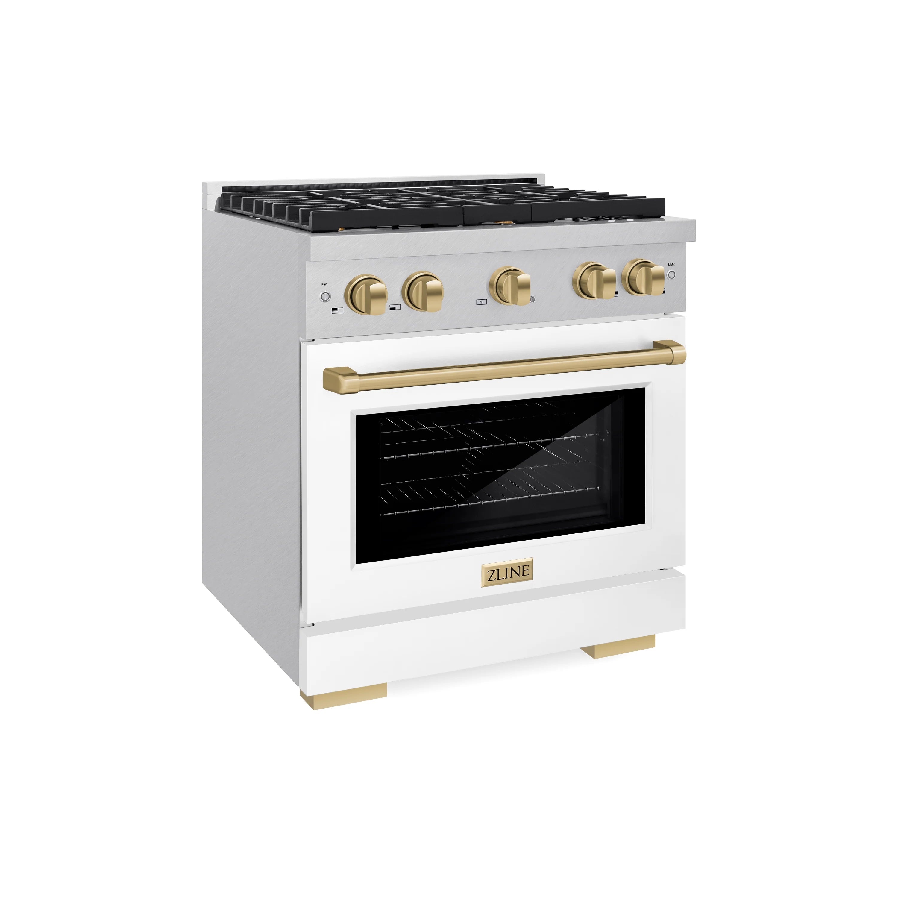 30-inch gas range with convection oven, white matte door, champagne bronze knobs and handle