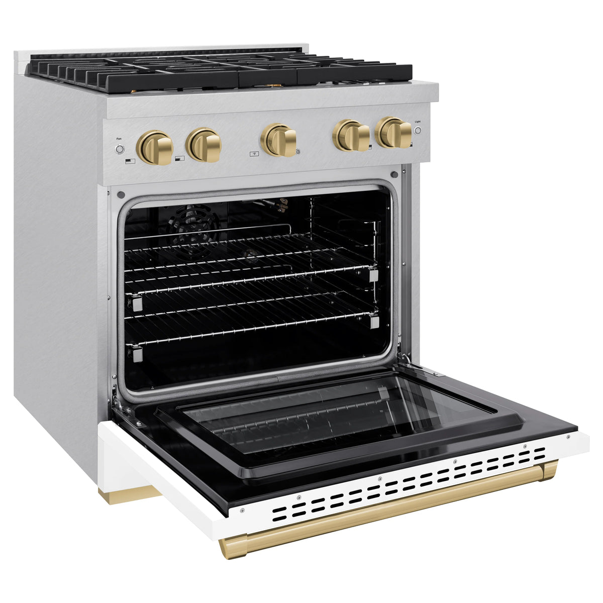 Convection oven with oven door open, dark cooking cavity, white exterior and bronze kickplate trim