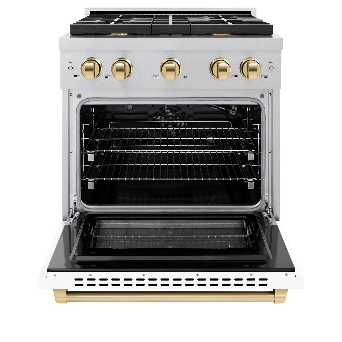Open white gas range oven with black interior racks and gold control knobs