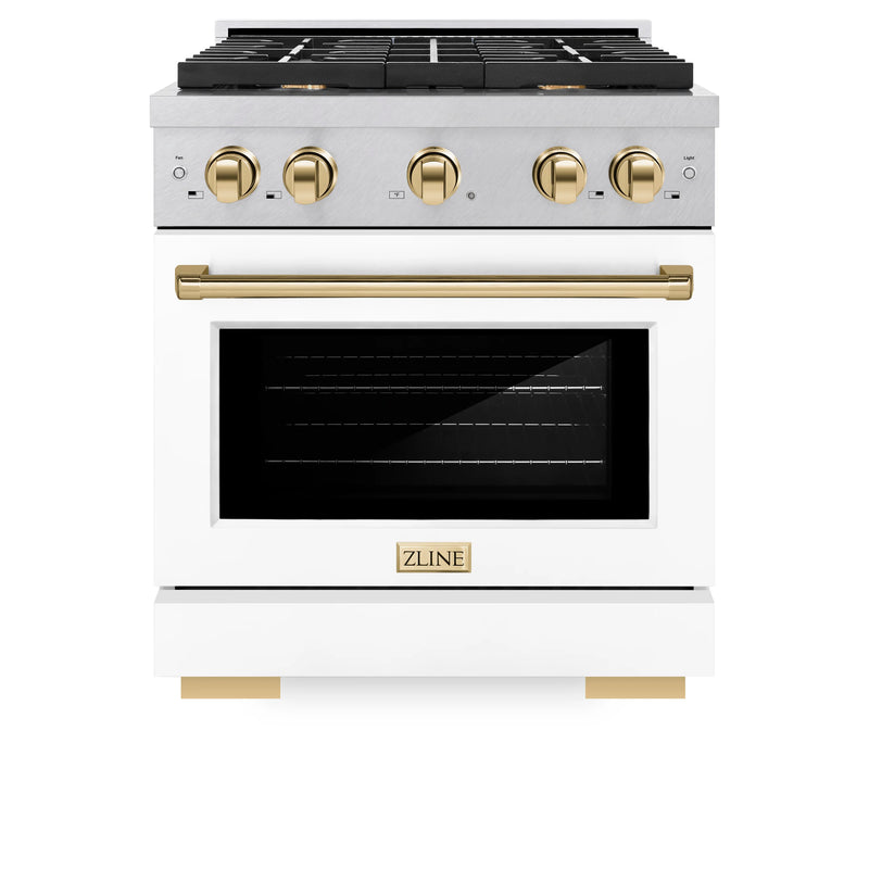 ZLINE Autograph Edition 30-Inch 4 Burner Gas Range with Convection Oven with White Matte Door and Polished Gold Accents (SGRSZ-WM-30-G)