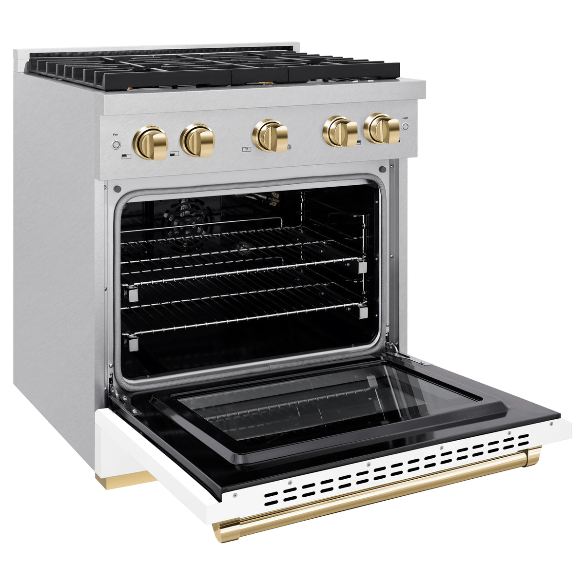 Open white gas range oven with extended door and black cooking cavity