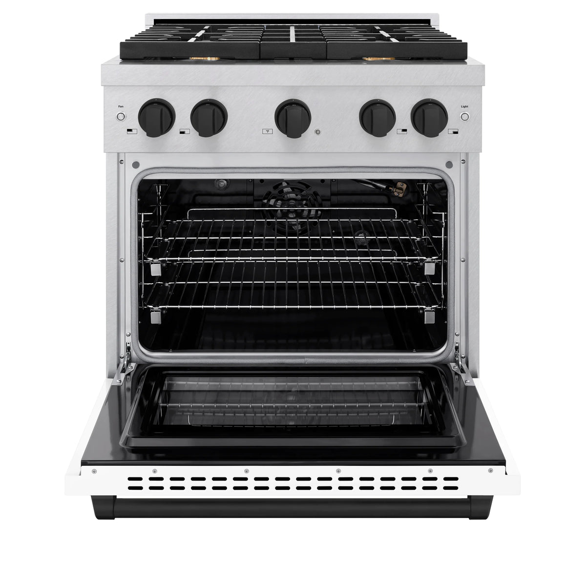 White gas range with open convection oven door and wire racks inside