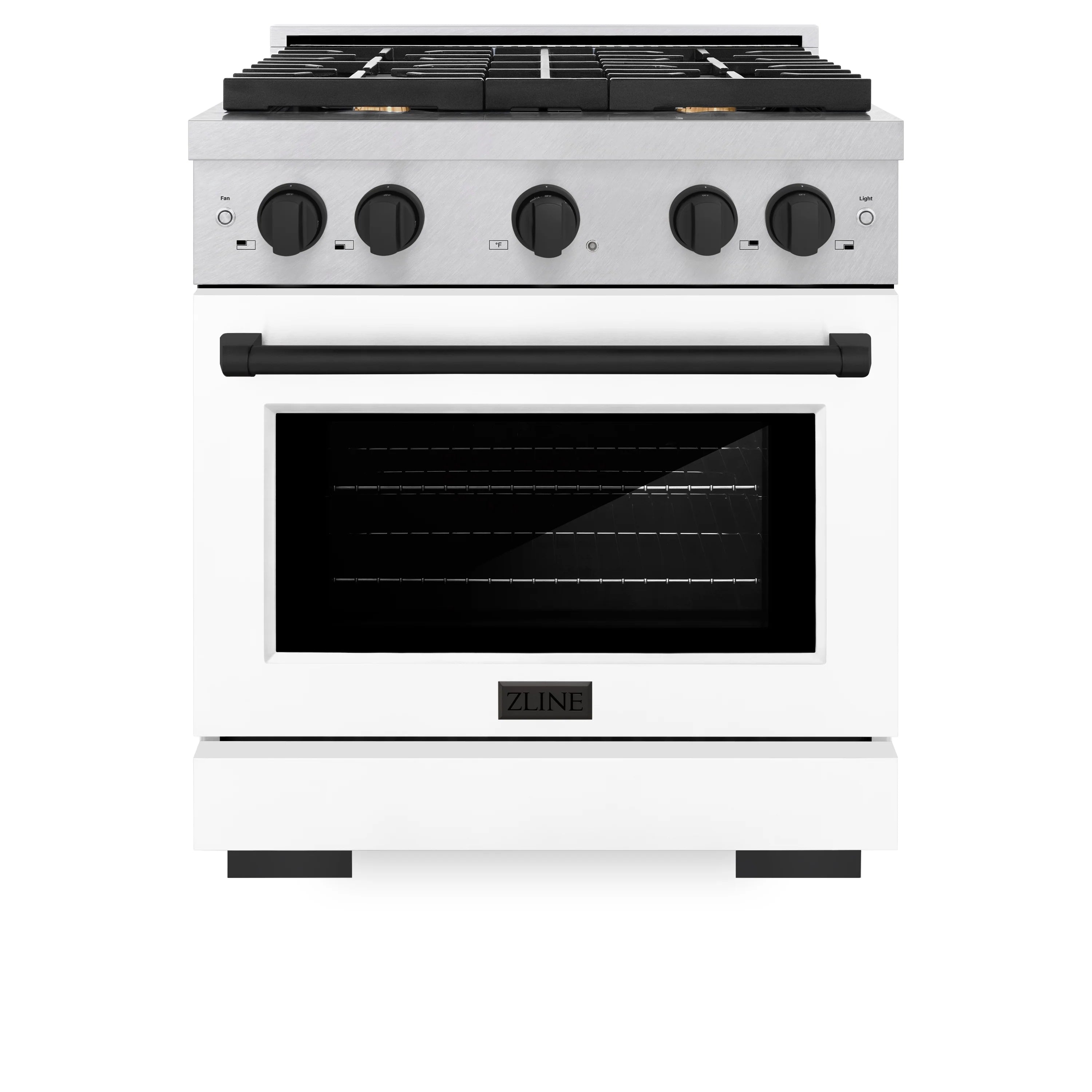 White gas range with black burner grates, front controls, and oven window