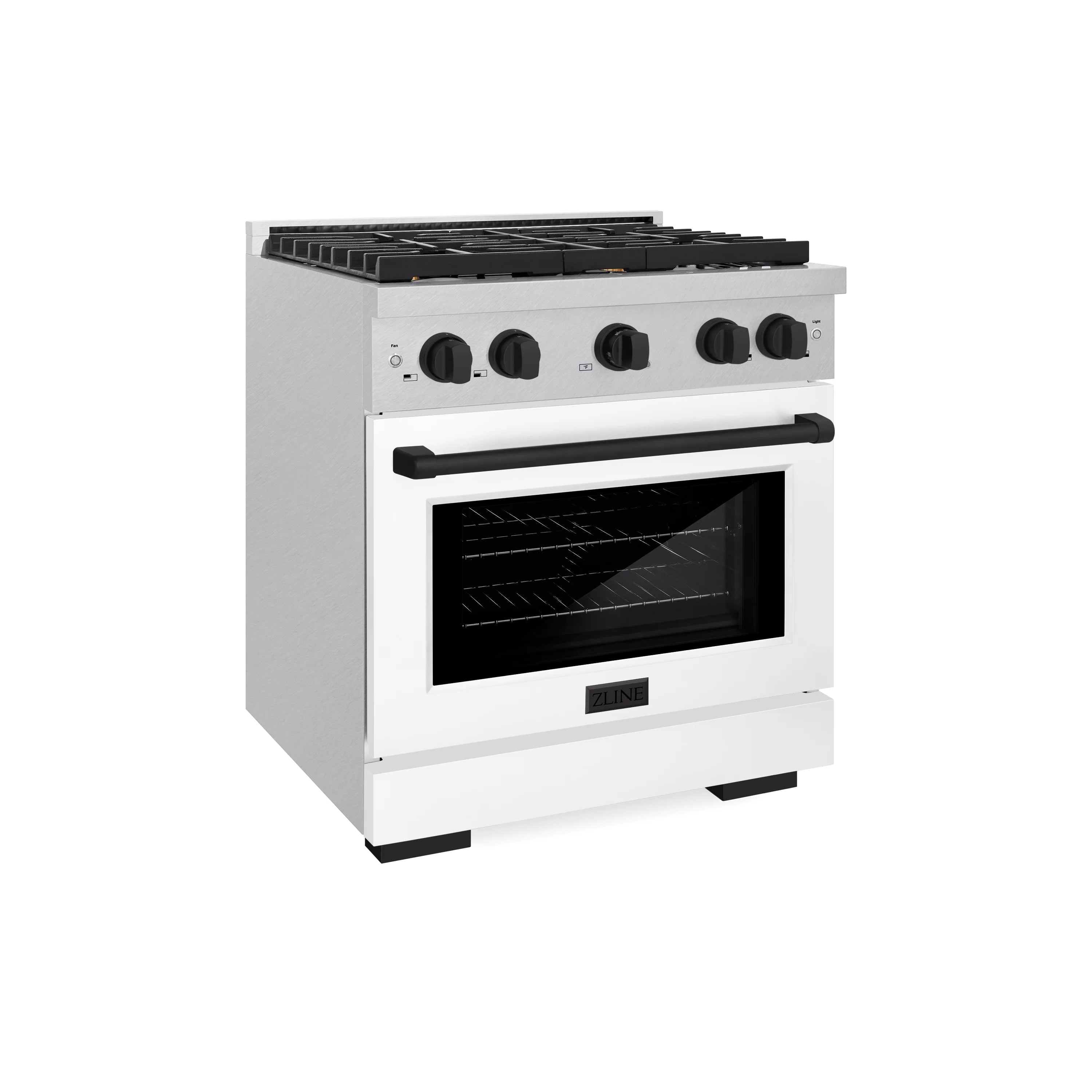 White gas range with convection oven door and black control knobs, front view