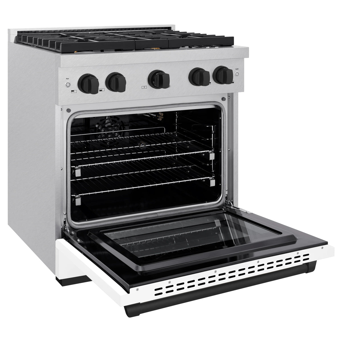 White gas range with open oven door showing black cooking surface and rack