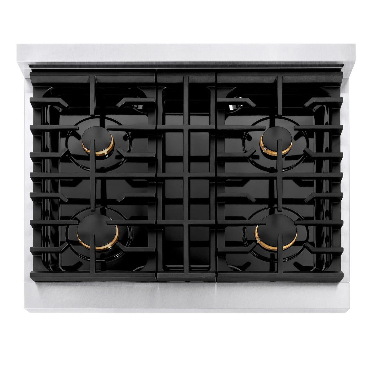 Black gas cooktop with cast-iron grates and burner caps on a white range
