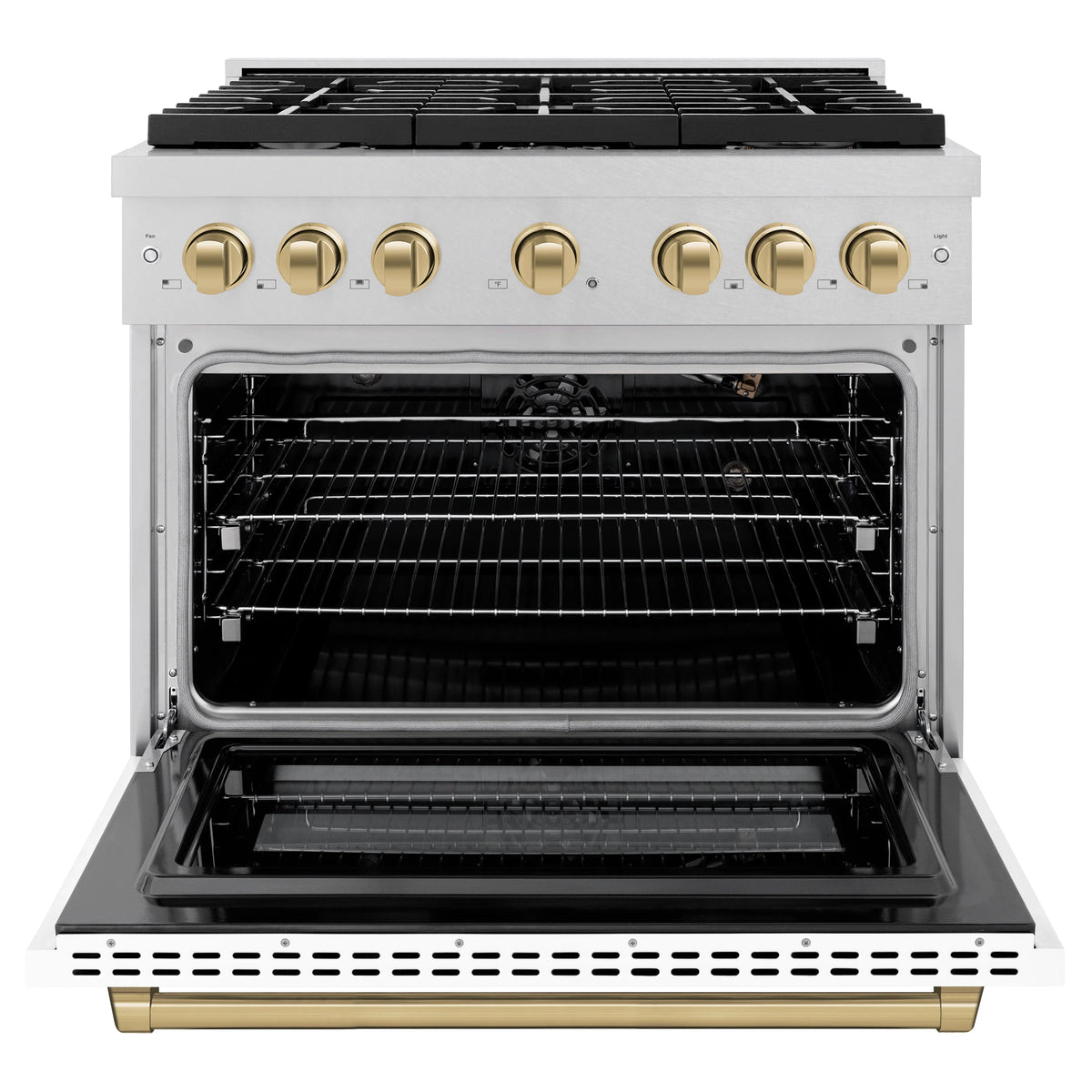 Open oven door on a white gas range showing racks, bake chamber, and burners