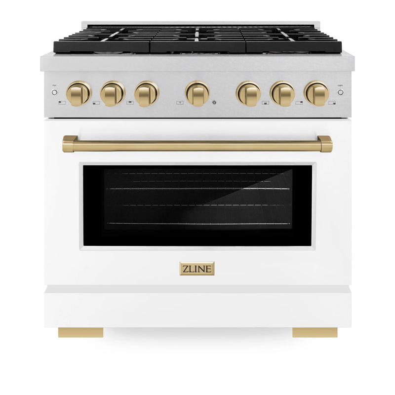 ZLINE Autograph Edition 36-Inch Paramount Gas Range with Convection Gas Oven with White Matte Door and Champagne Bronze Accents (SGRSZ-WM-36-CB)