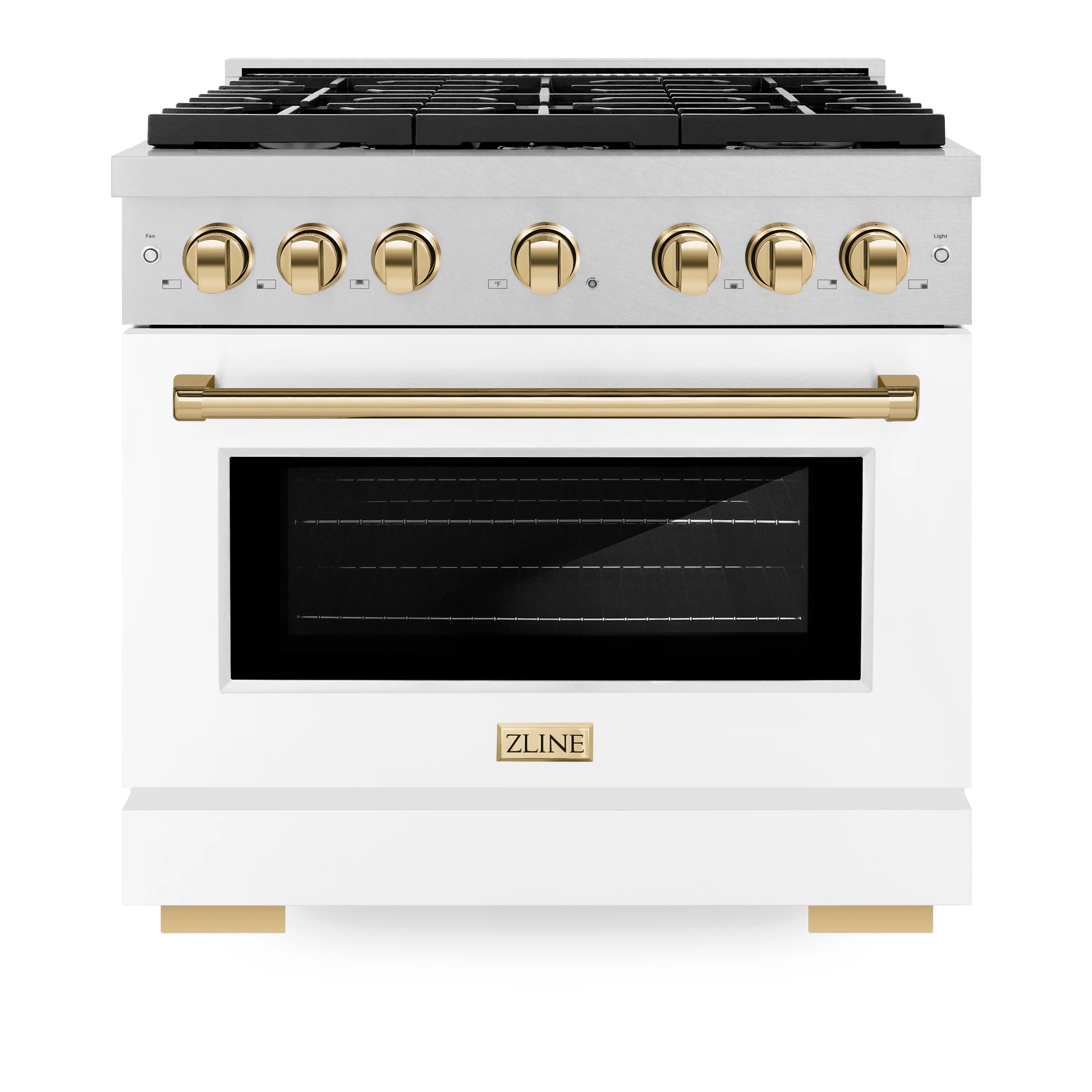 White matte gas range with 6 burners, gold control knobs, and black oven window