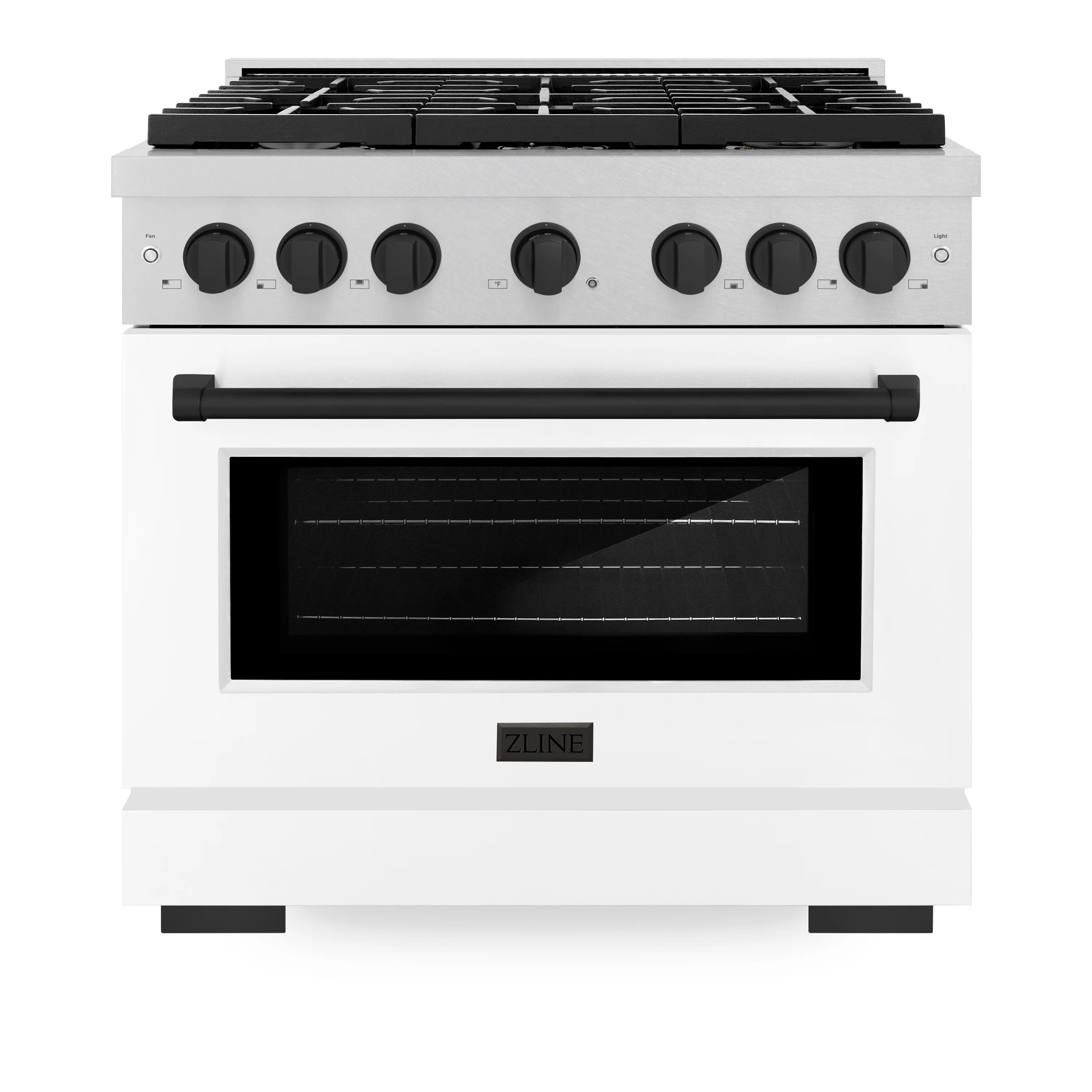 White 6-burner gas range with black burner grates, control knobs, and matte black oven window