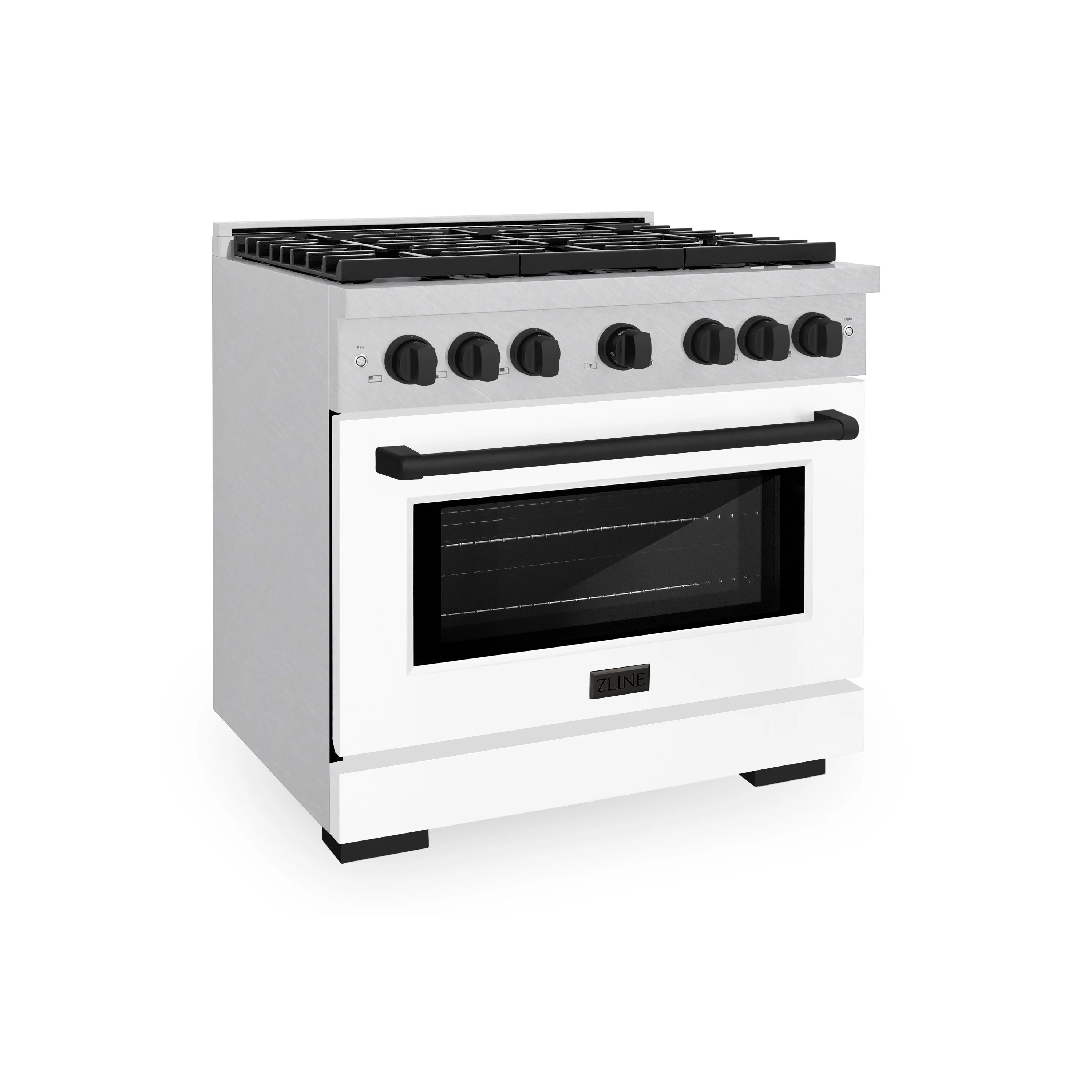 White 6-burner gas range with black knobs, matte door, and convection oven window