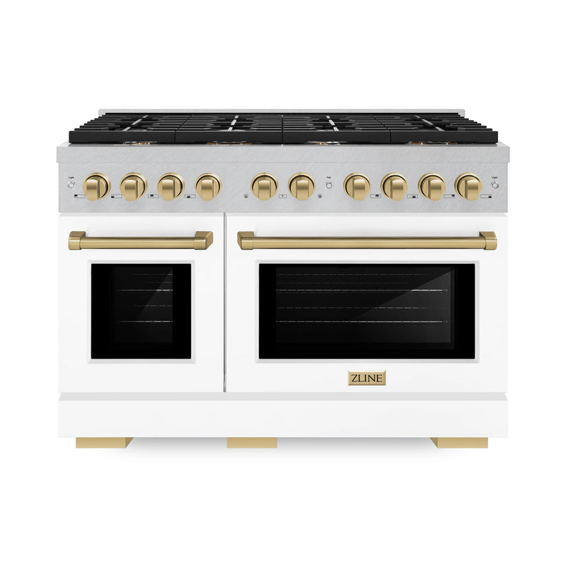 ZLINE 48-Inch Autograph Edition Kitchen Package with DuraSnow Stainless Steel Gas Range, Wall Mount Range Hood and Dishwasher in White Matte and Champagne Bronze Accents (3AKPR-RGSWMRHDWM48-CB)