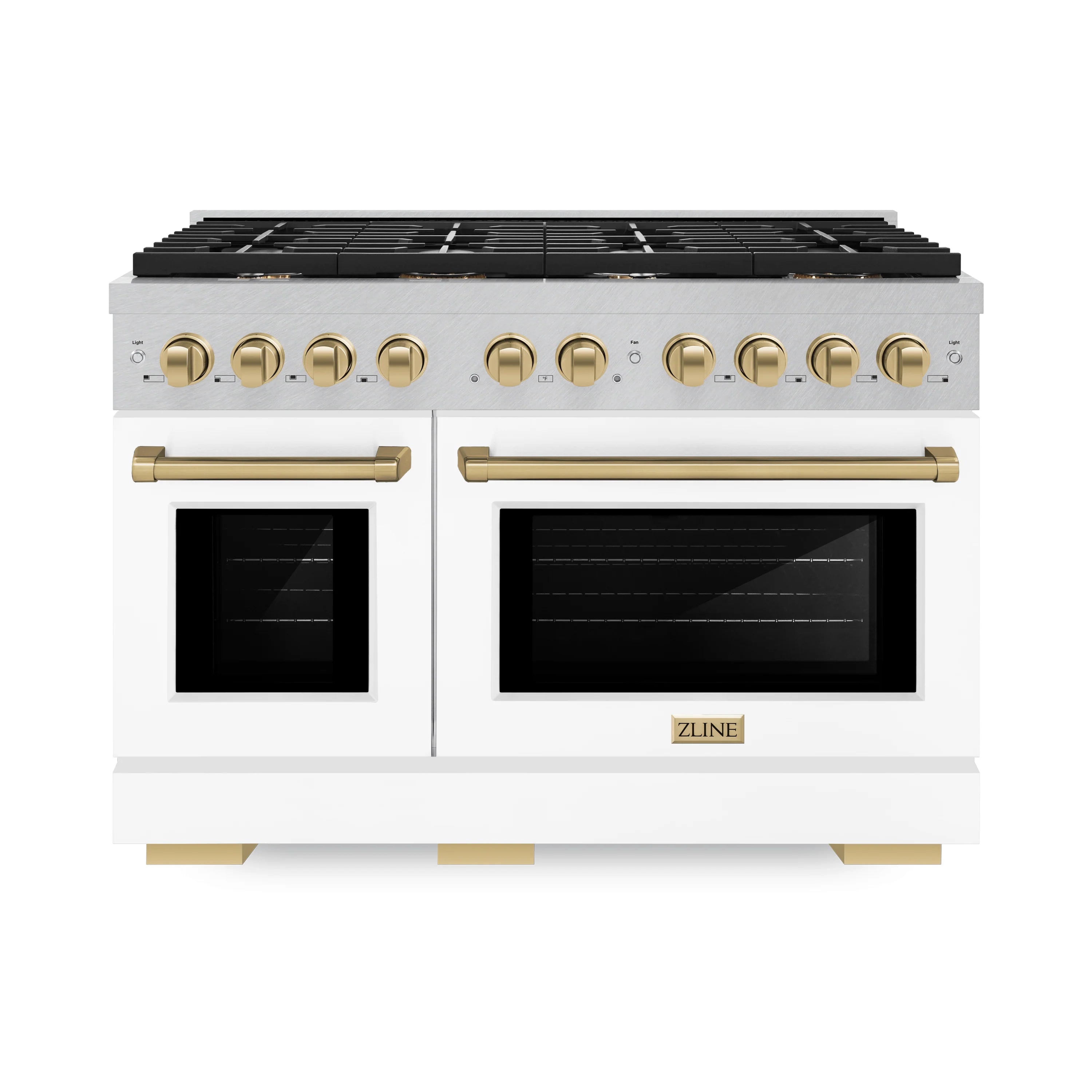48-inch gas range in white with double ovens and gold bar-style oven handles