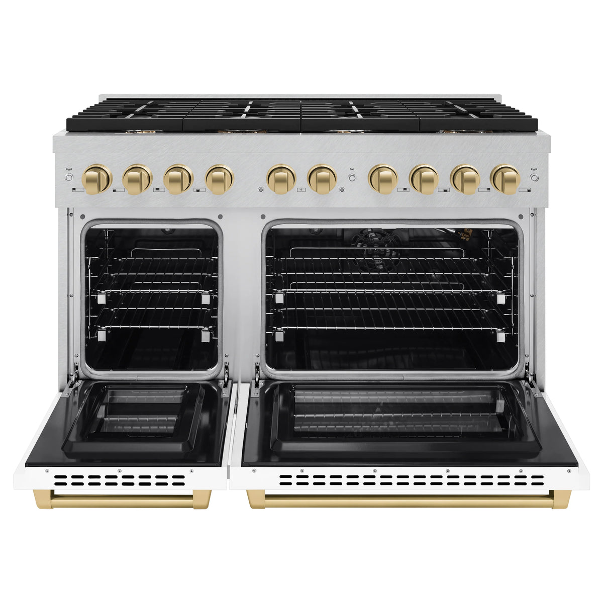 Gas range with two open oven doors, white exterior, gold handles, and black grates