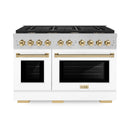 ZLINE 48-Inch Autograph Edition Kitchen Package with Satin Stainless Steel Gas Range, Wall Mount Range Hood and Dishwasher in White Matte and Gold Accents (3AKPR-SGRSWMRHDWM48-G)