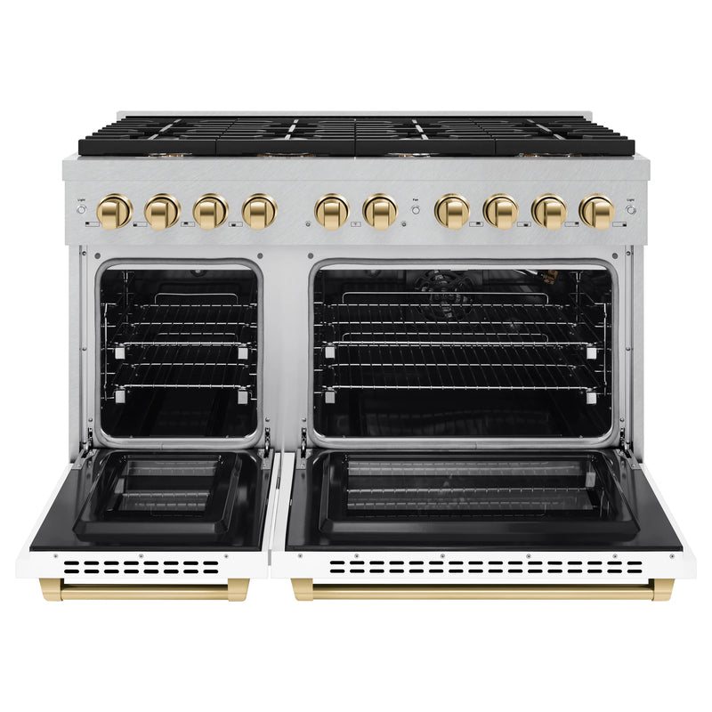 ZLINE Autograph Edition 48-Inch Paramount Gas Range with 6.7 Cu. Ft. Gas Stove and Gas Oven in DuraSnow Stainless Steel with White Matte Door and Gold Accents (SGRSZ-WM-48-G)