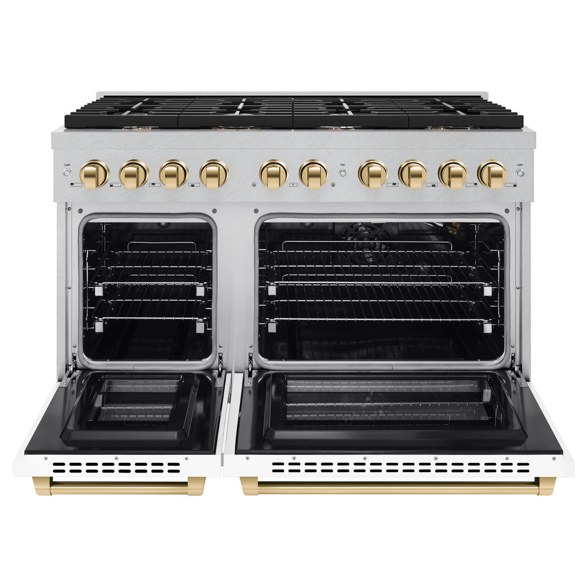 White gas range with two oven doors open, black interiors, and gold controls