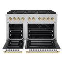 ZLINE 48-Inch Autograph Edition Kitchen Package with Satin Stainless Steel Gas Range, Wall Mount Range Hood and Dishwasher in White Matte and Gold Accents (3AKPR-SGRSWMRHDWM48-G)