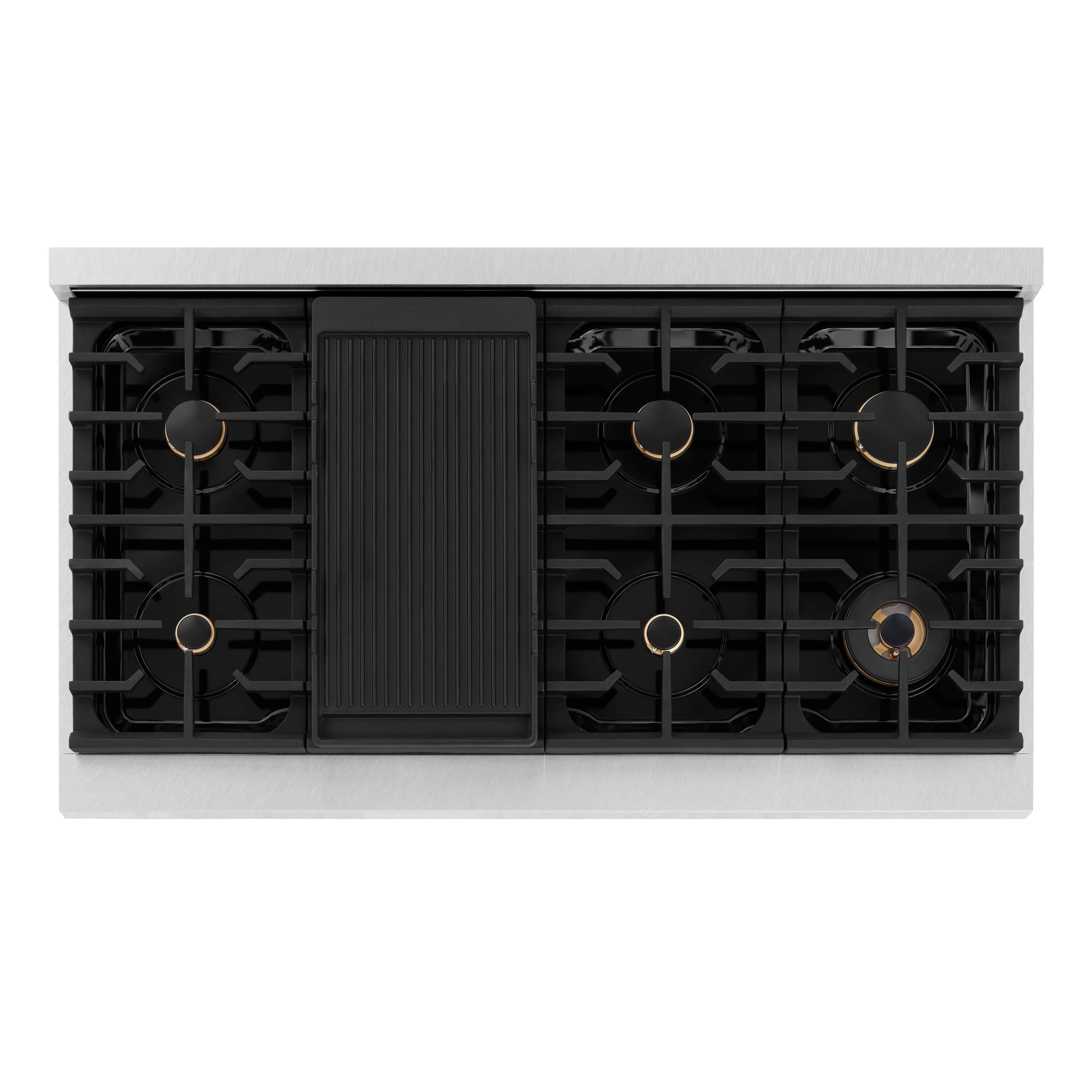 Gas cooktop with four burners, center black door panel, and gold-ring control knobs