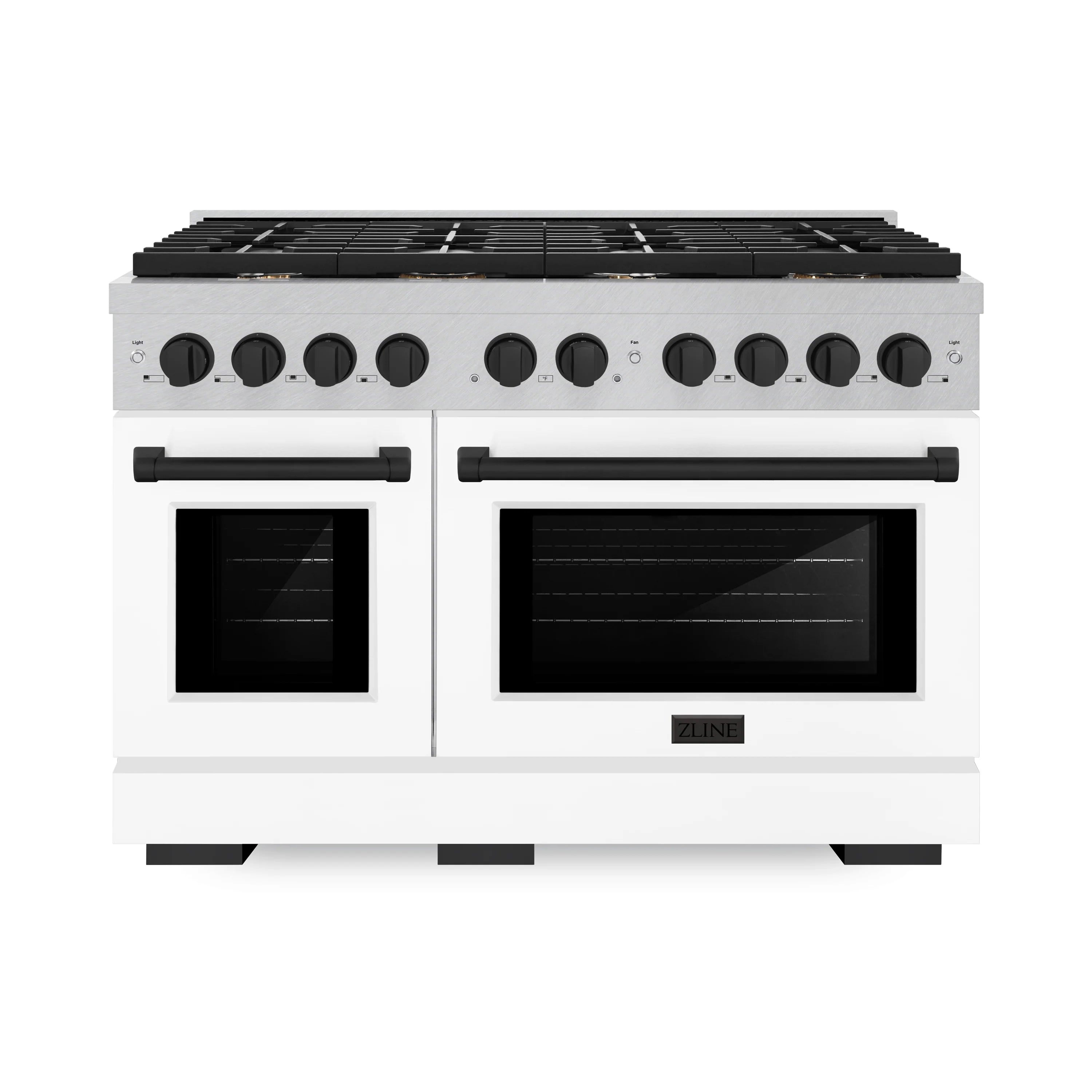 Stainless gas range with double ovens, white oven doors, and black control knobs