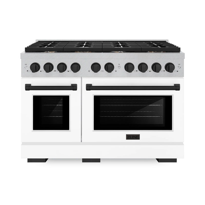 ZLINE Autograph Edition 48-Inch Paramount Gas Range with 6.7 cu. ft. Double Oven in DuraSnow Stainless Steel with White Matte Door and Matte Black Accents (SGRSZ-WM-48-MB)