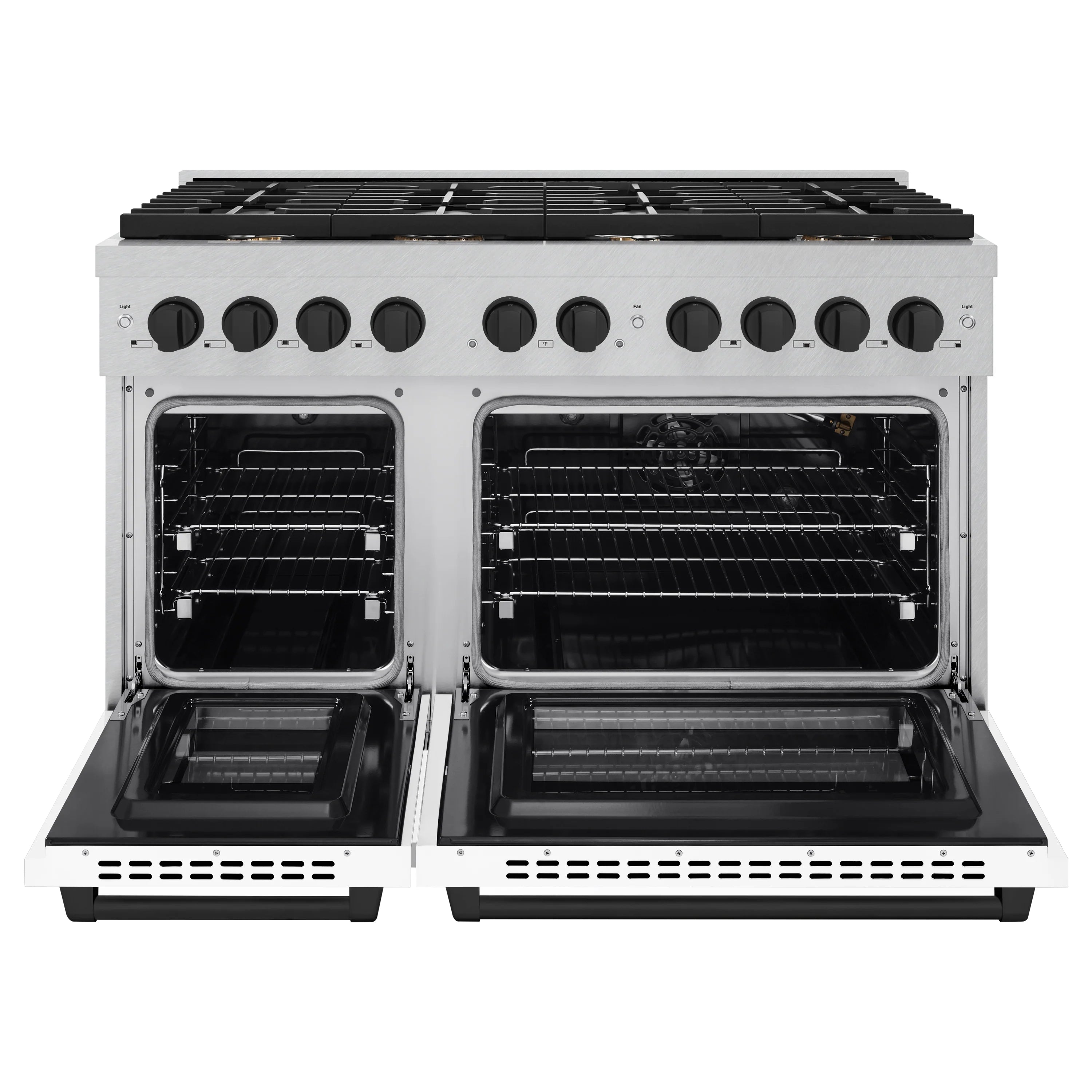 Double oven doors open, showing two racks and interior heating elements