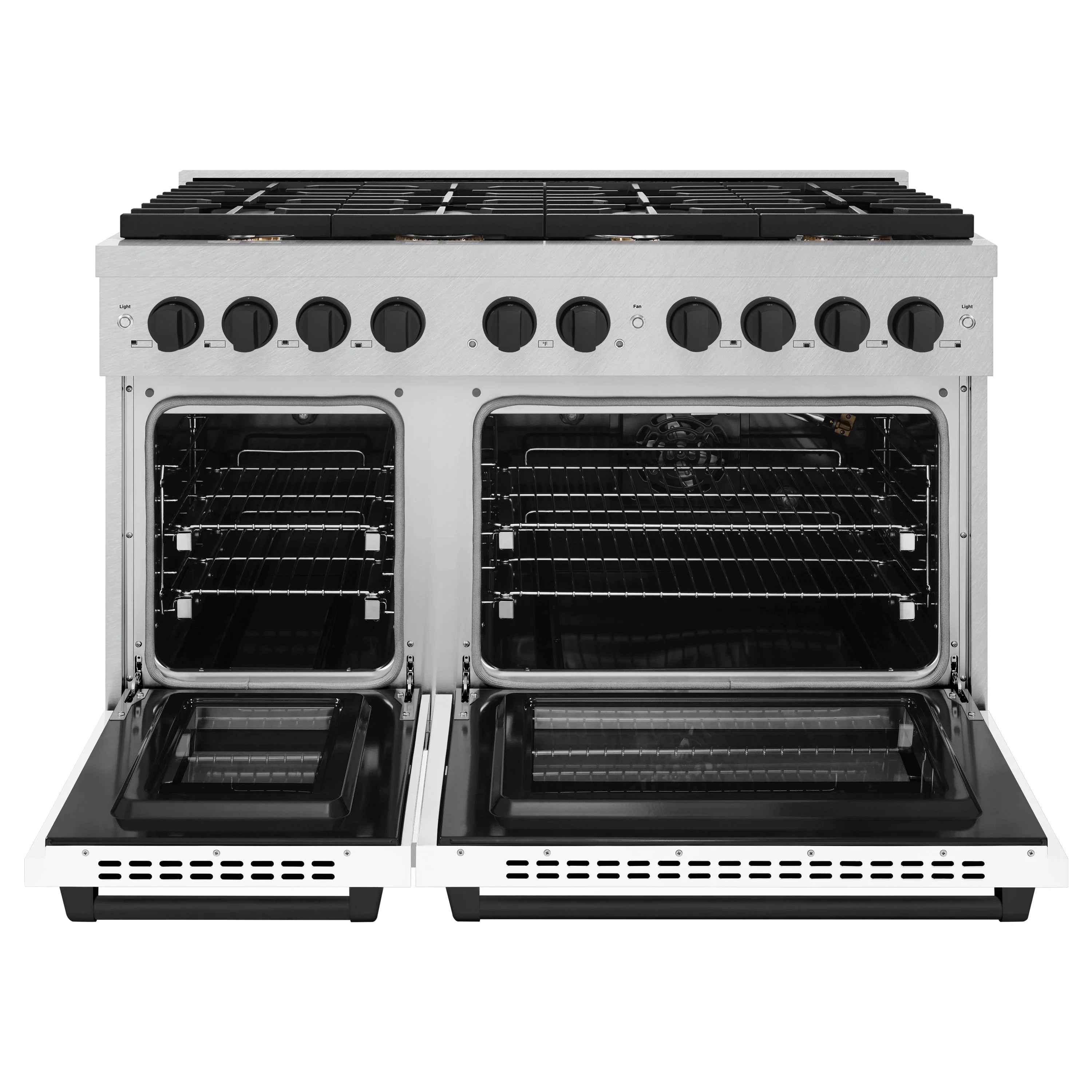 ZLINE gas range with two open oven doors showing racks inside the baking cavities