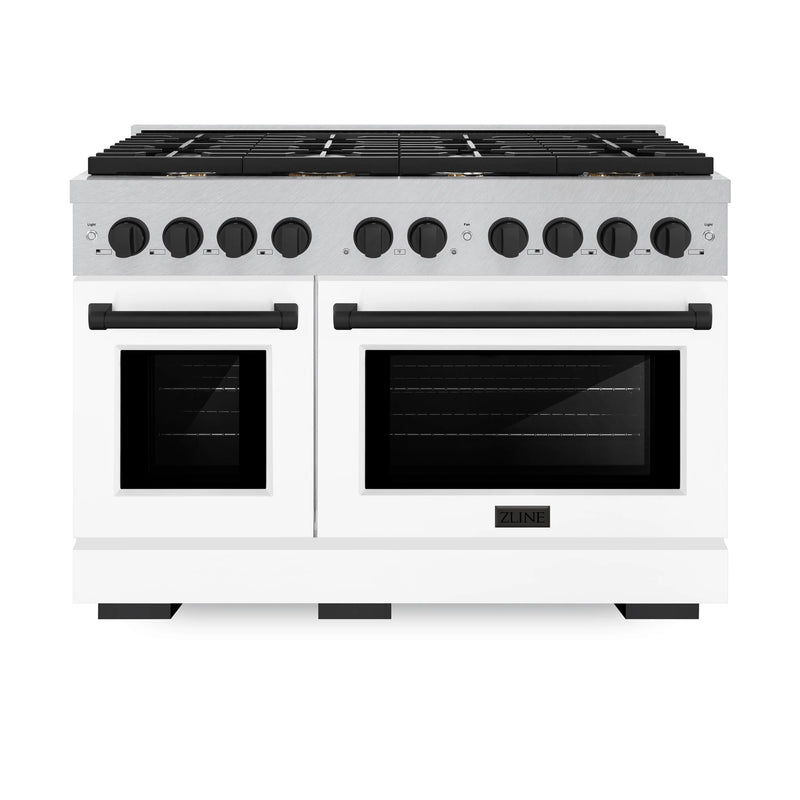 ZLINE 48-Inch Autograph Edition Kitchen Package with DuraSnow Stainless Steel Gas Range, Wall Mount Range Hood and Dishwasher in White Matte and Matte Black Accents (3AKPR-RGSWMRHDWM48-MB)