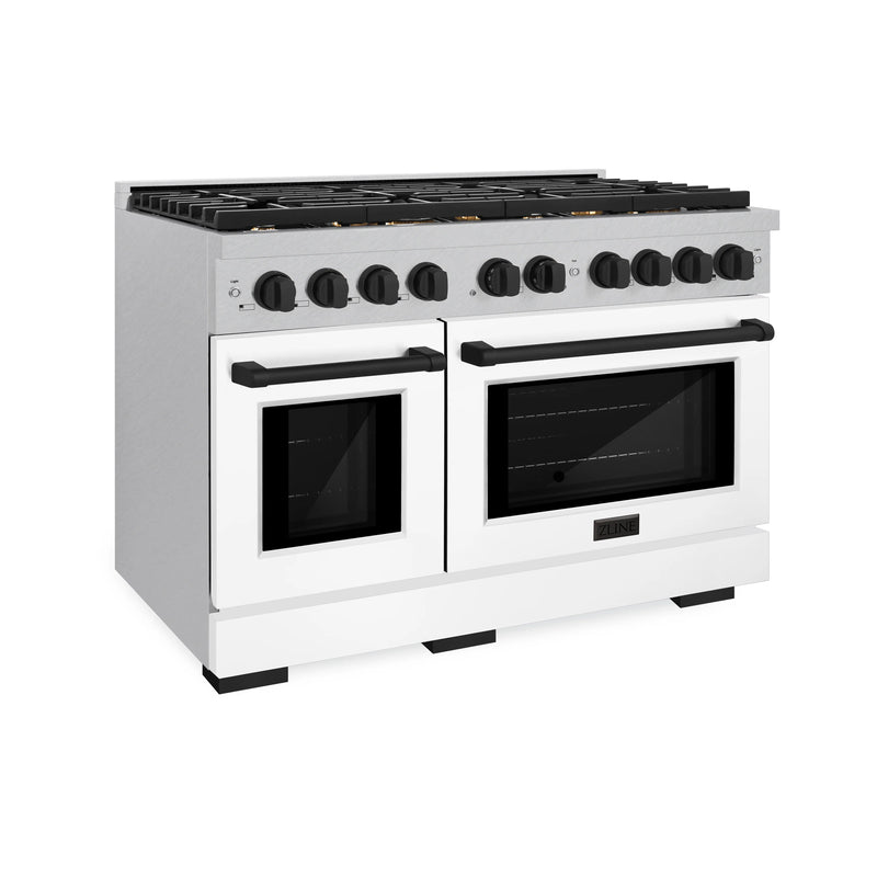 ZLINE Autograph Edition 48-Inch Paramount Gas Range with 6.7 cu. ft. Double Oven in DuraSnow Stainless Steel with White Matte Door and Matte Black Accents (SGRSZ-WM-48-MB)