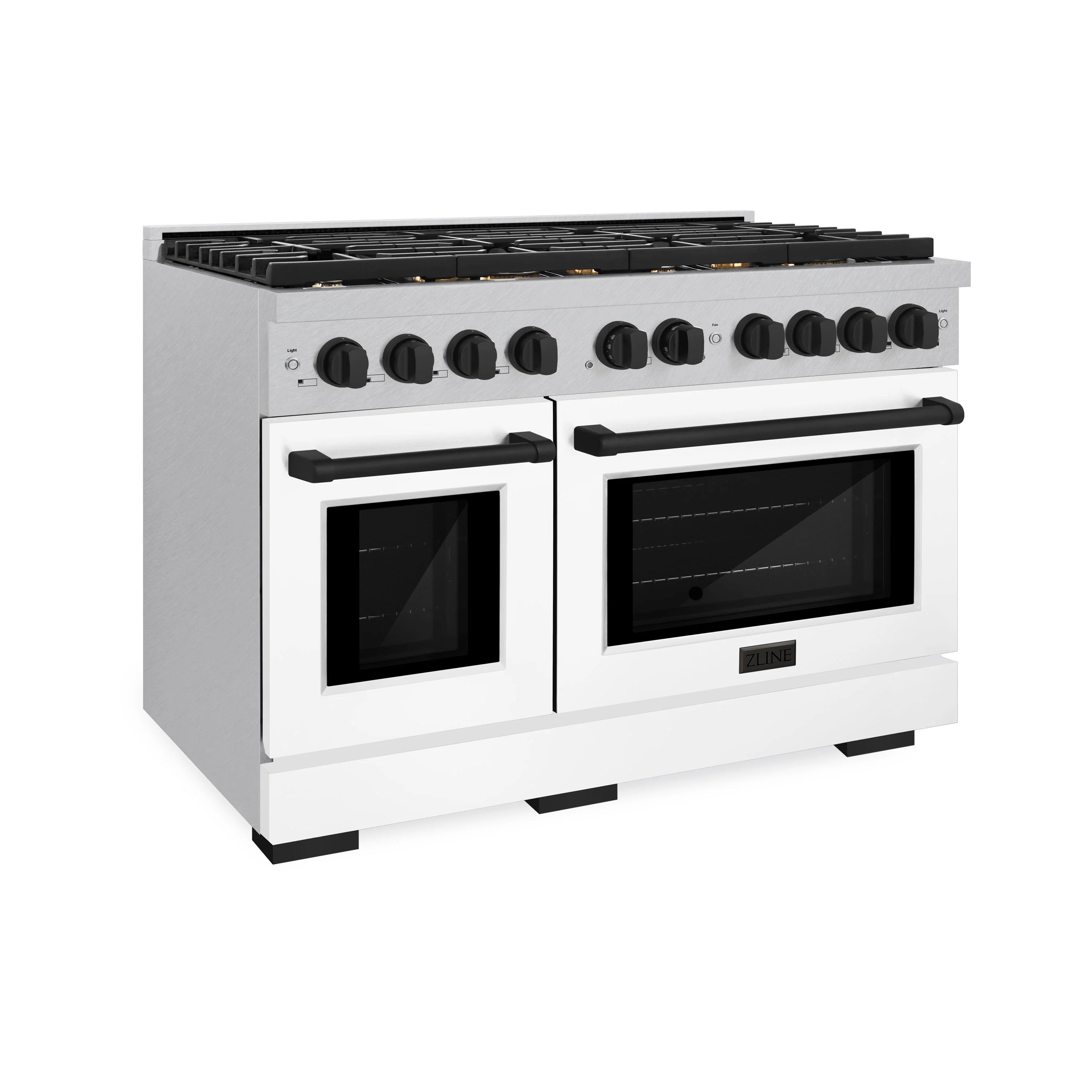 White freestanding gas range with black cooktop grates and two oven doors