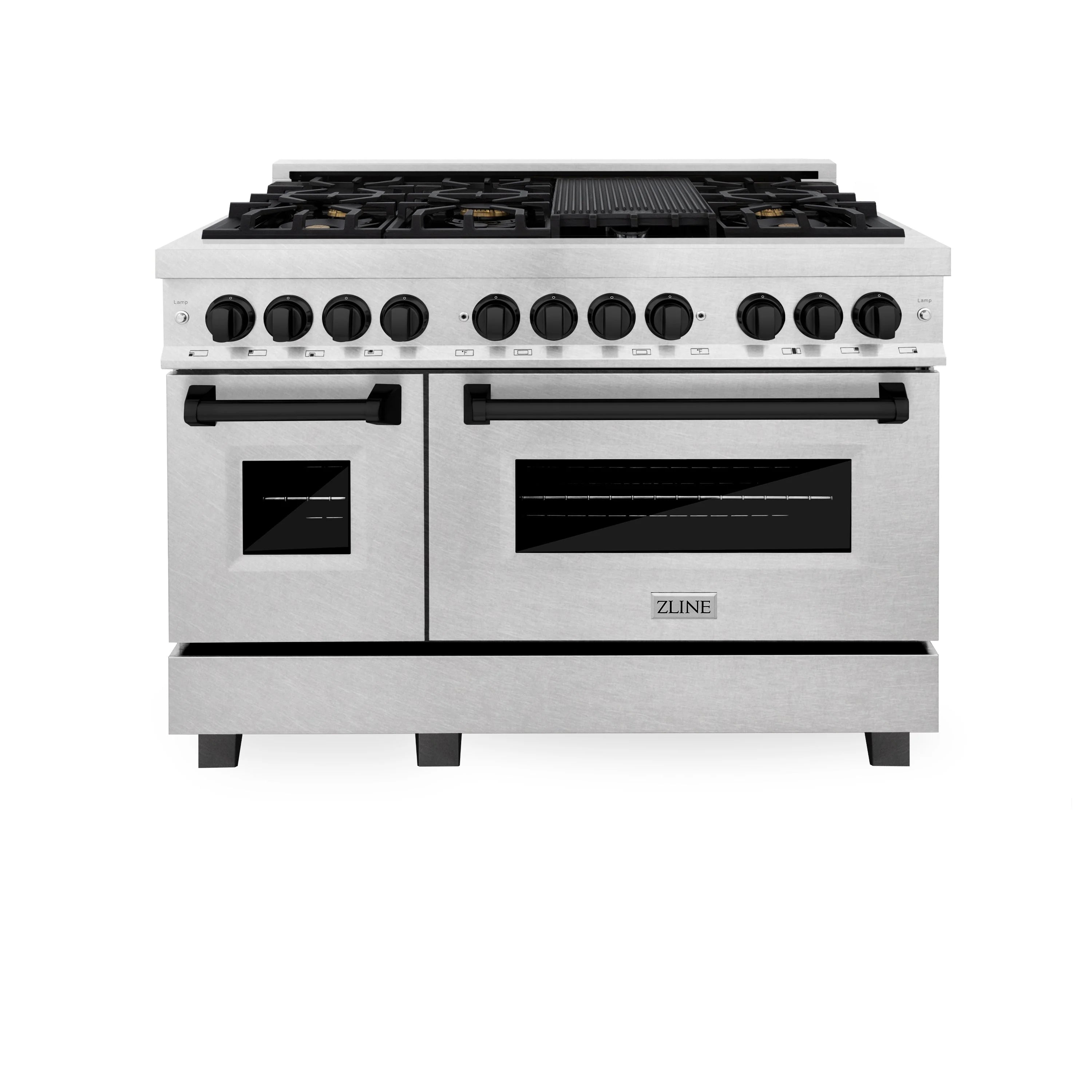 Dual fuel range front with satin stainless steel body and black matte knobs and handles