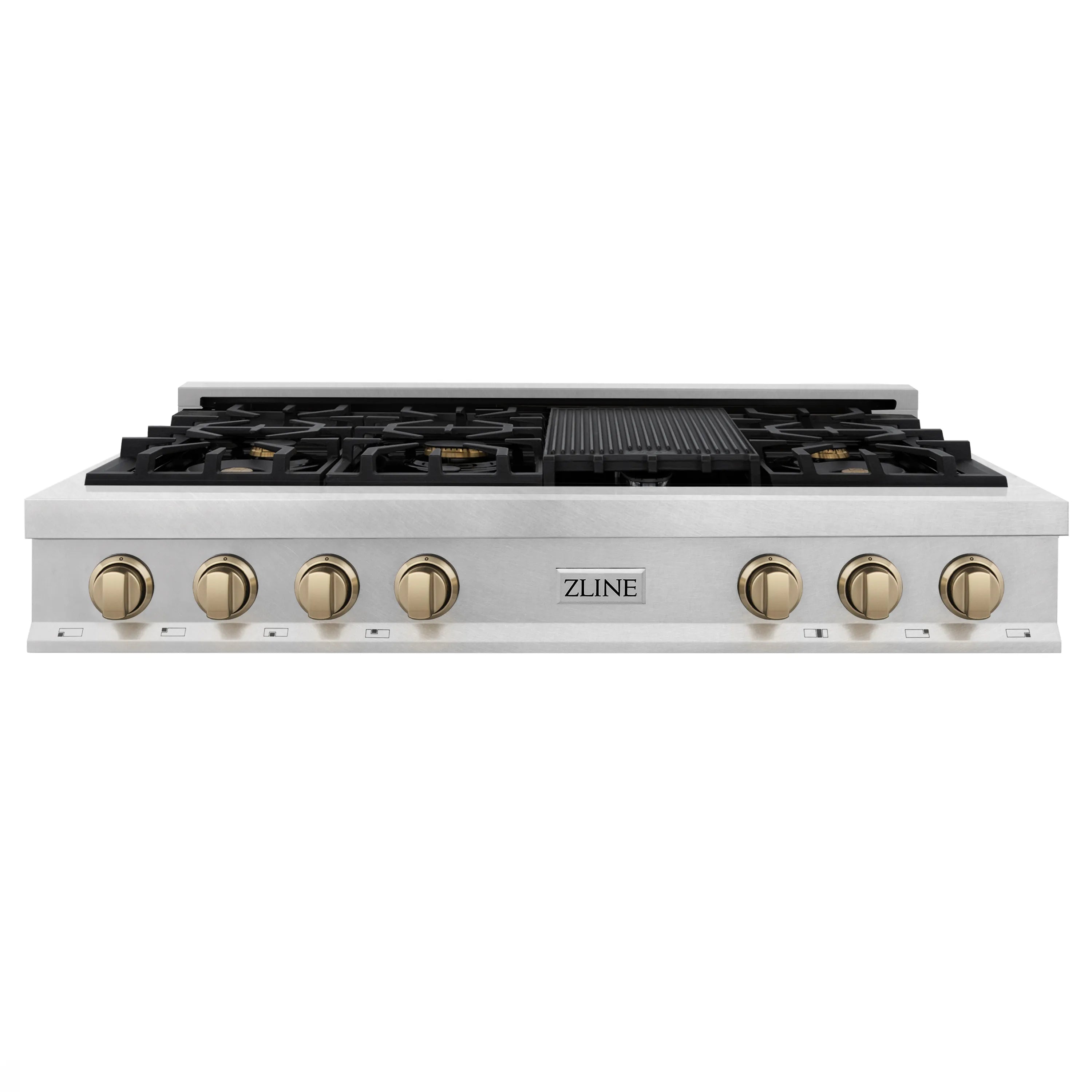 Satin stainless steel 7-burner gas rangetop with gold-toned control knobs