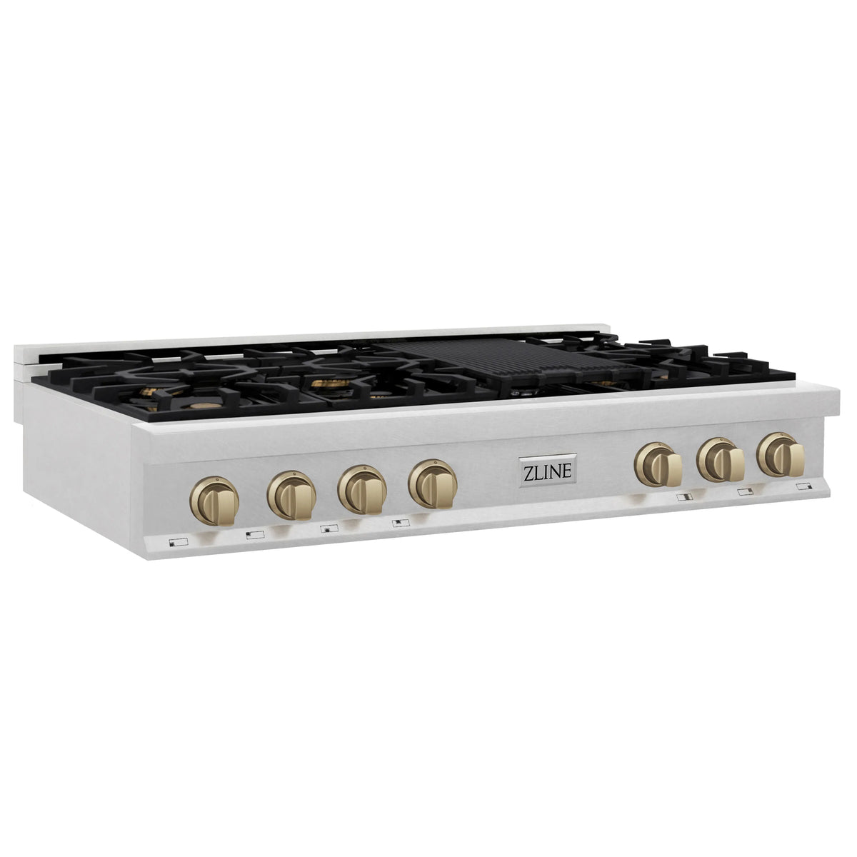 Satin stainless steel 7-burner gas cooktop with bronze knobs and cast burner grates