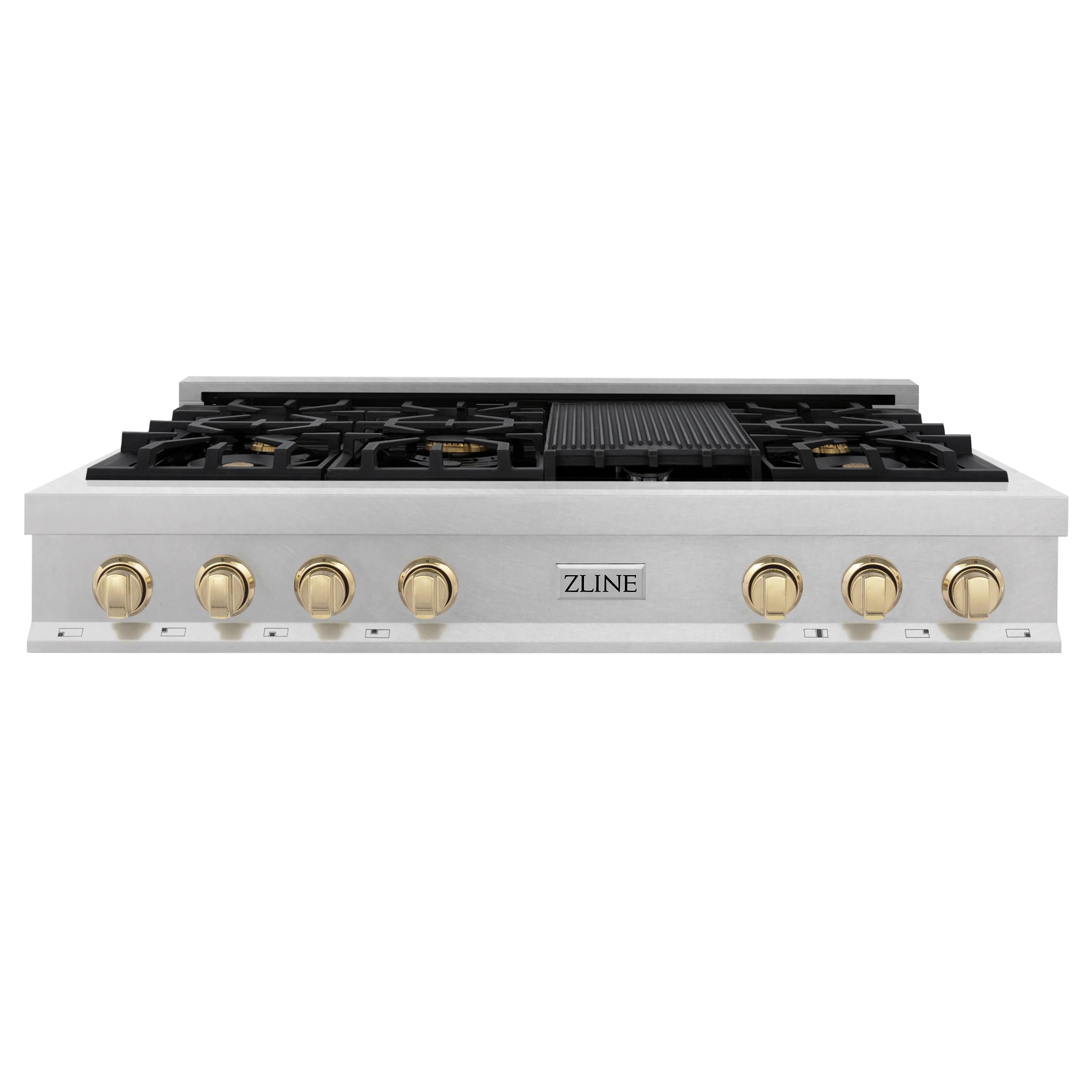 Satin stainless steel gas rangetop with seven burners, gold control knobs, ZLINE logo
