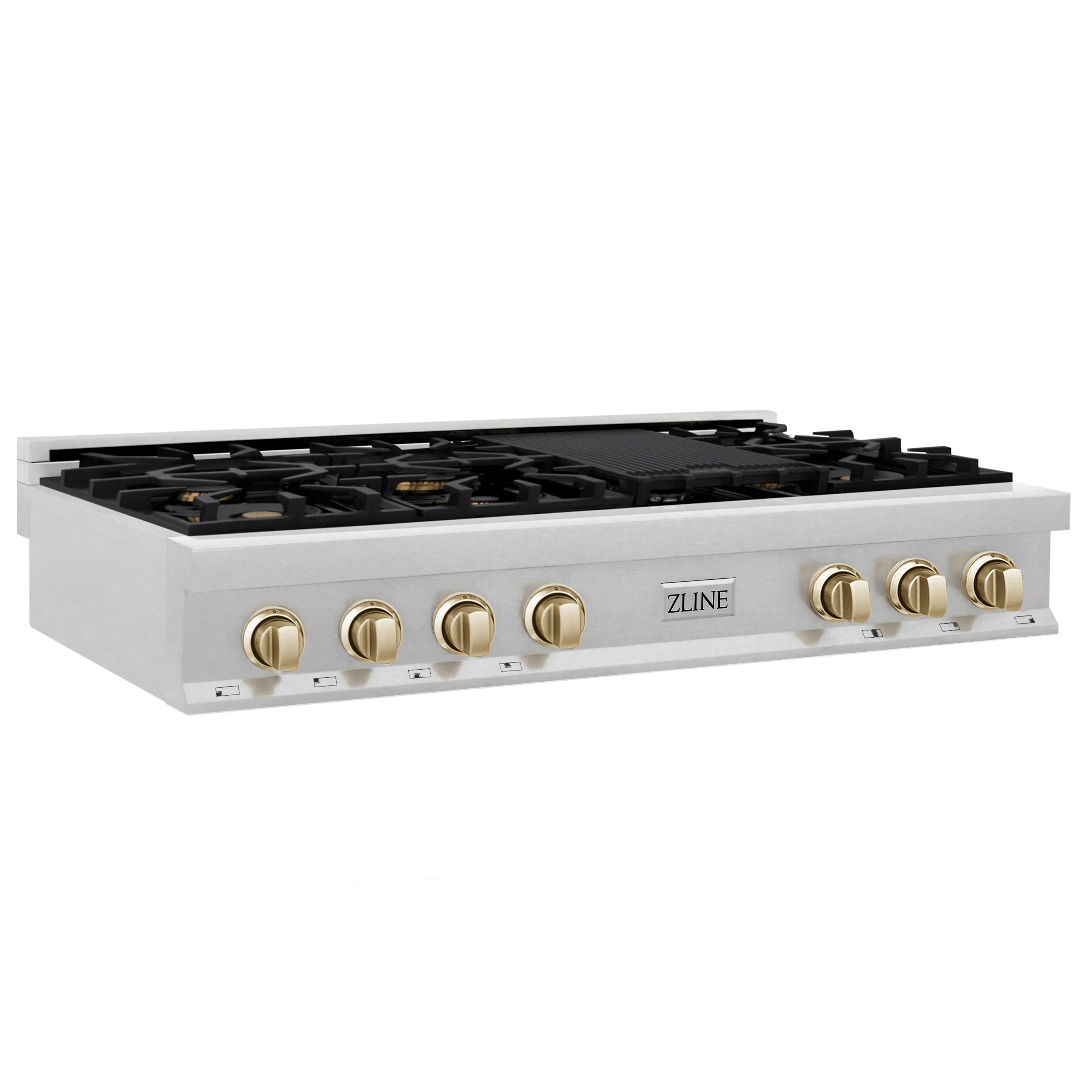 Satin stainless steel gas rangetop with seven burners and gold control knobs, ZLINE
