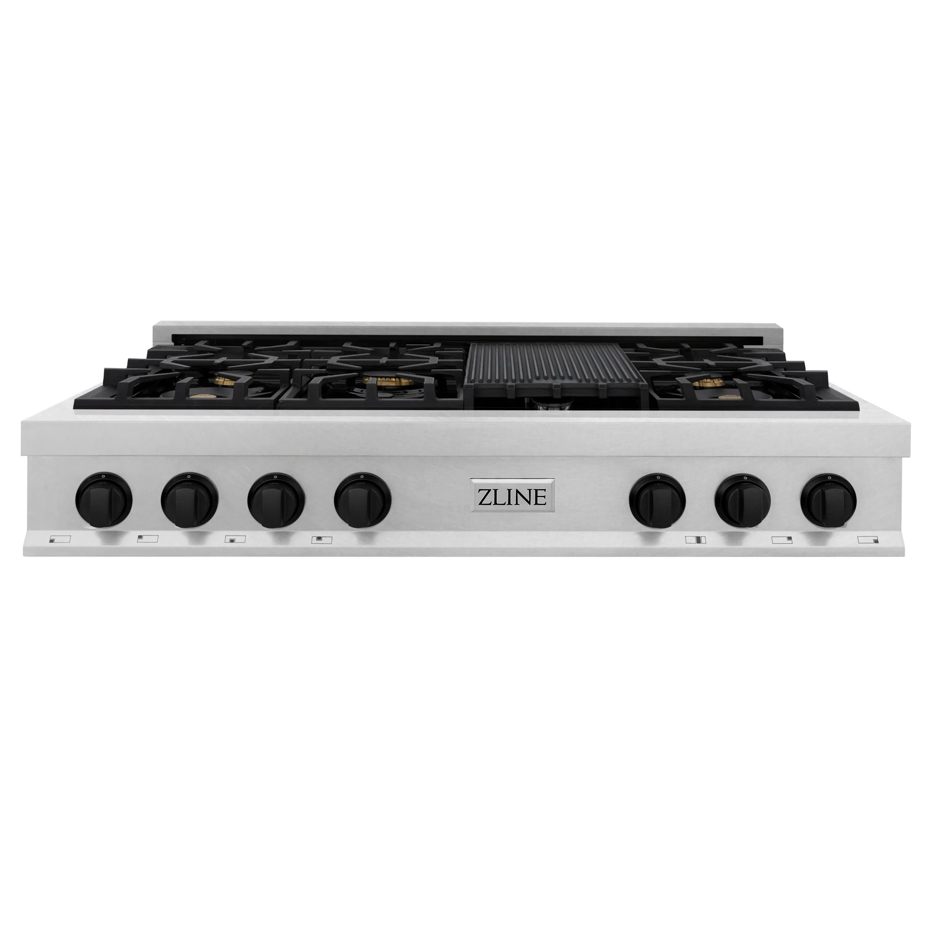 7-burner gas rangetop with satin stainless steel body and black control knobs