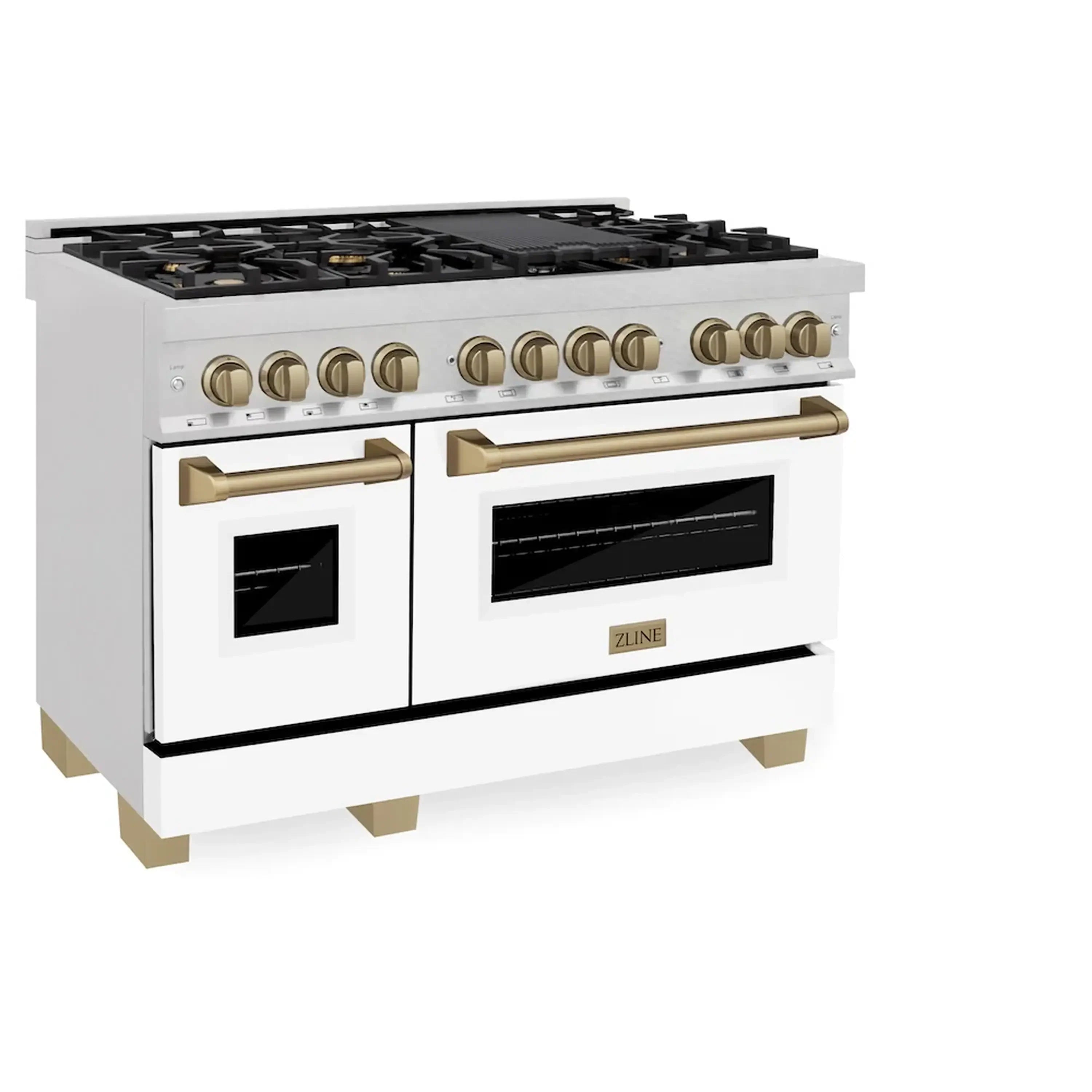 Dual fuel range with black gas cooktop, satin stainless body, white oven doors, bronze handles