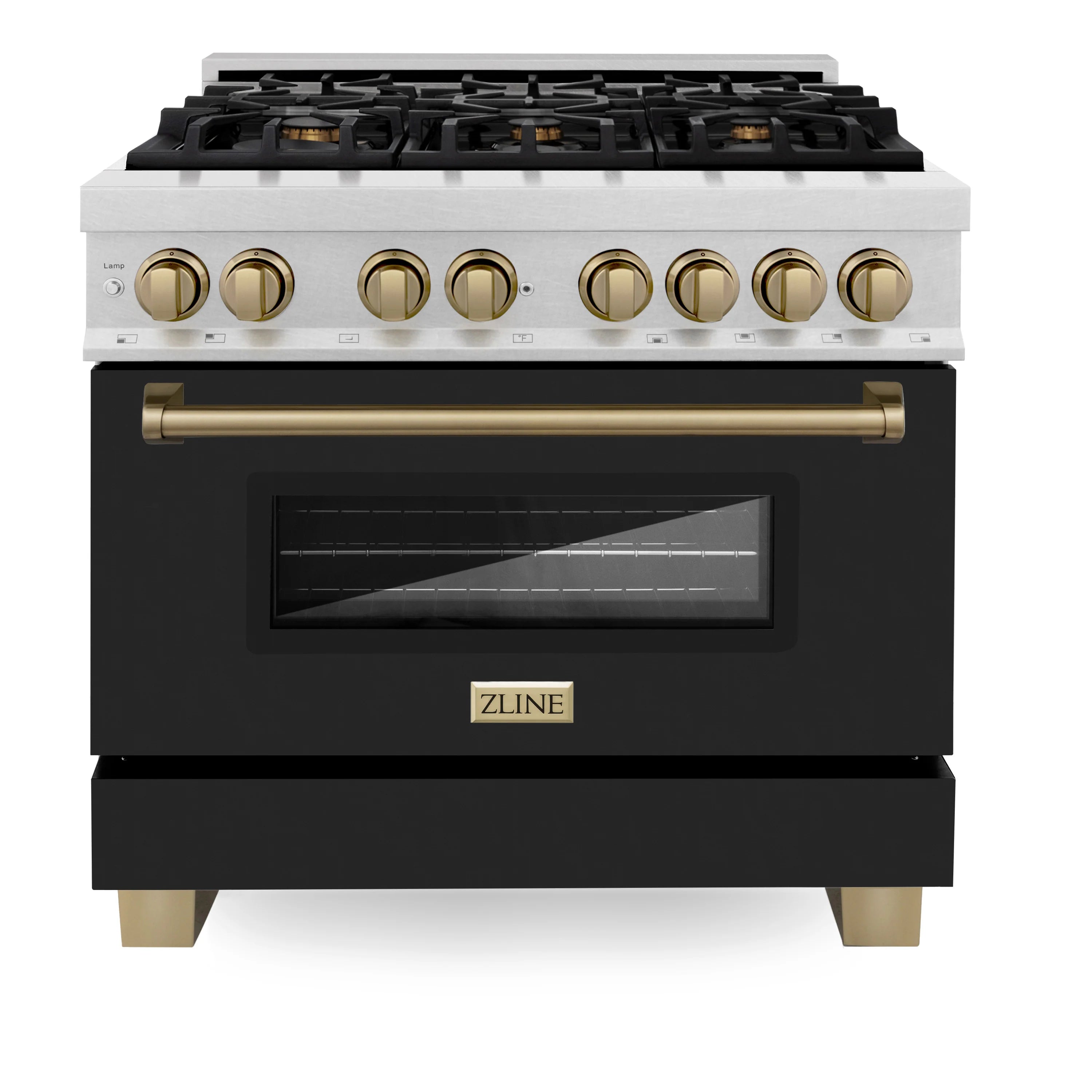 Black matte oven door with champagne bronze handle and stainless control knobs