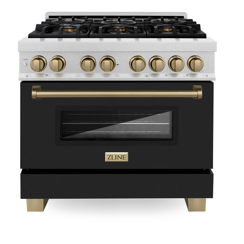 ZLINE Autograph Edition 36-Inch Dual Fuel Range with Gas Stove and Electric Oven in Fingerprint Resistant DuraSnow Stainless Steel with Black Matte Door and Champagne Bronze Accents (RASZ-BLM-36-CB)