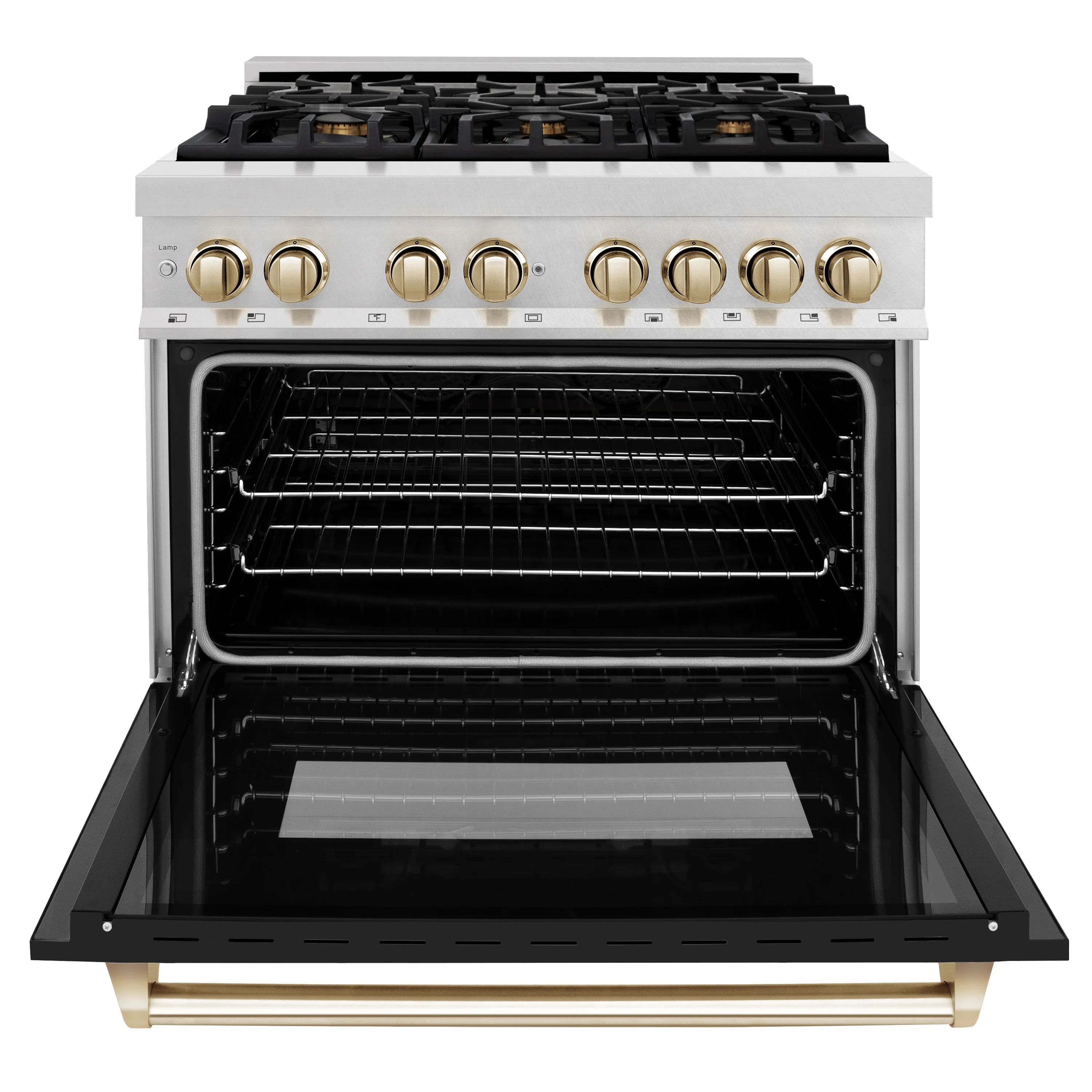 Dual fuel range open oven with black interior and removable wire racks