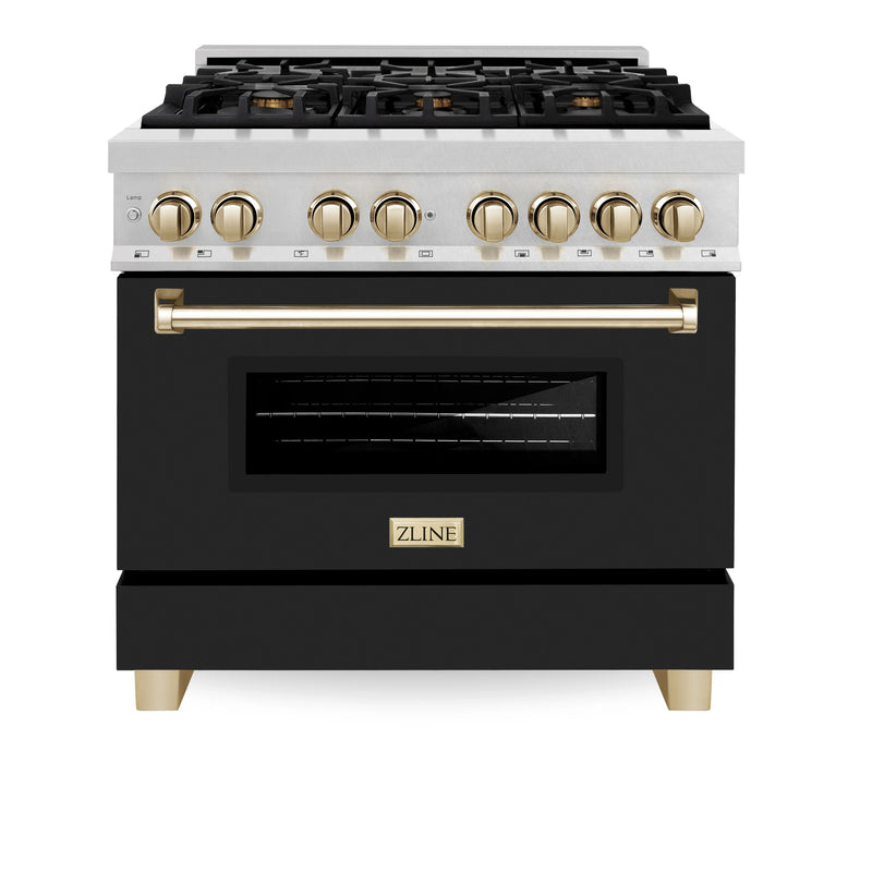 ZLINE Autograph Edition 36-Inch Dual Fuel Range with Gas Stove and Electric Oven in Fingerprint Resistant DuraSnow Stainless Steel with Black Matte Door and Polished Gold Accents (RASZ-BLM-36-G)