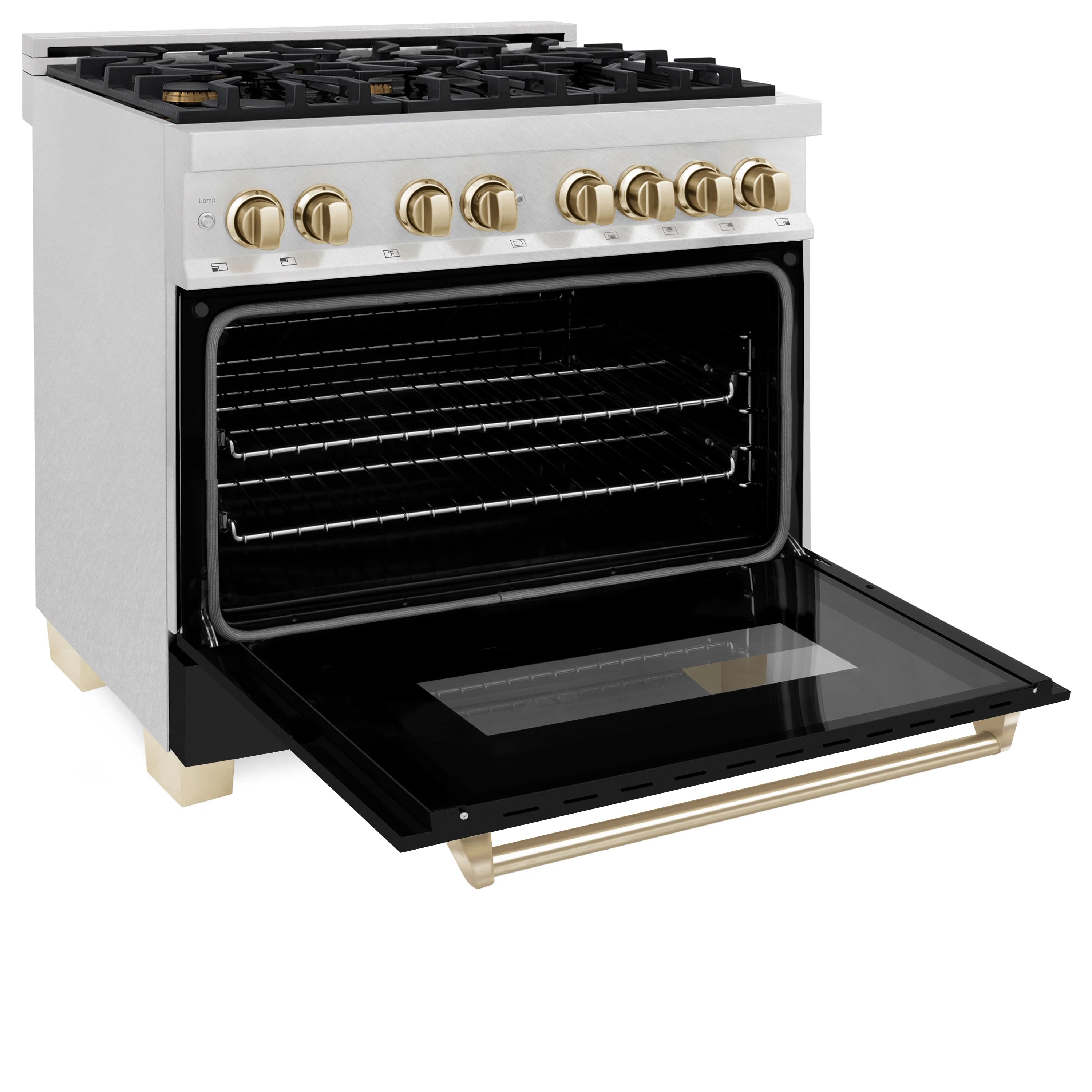 Dual fuel range with open black oven door and gold-accent control knobs