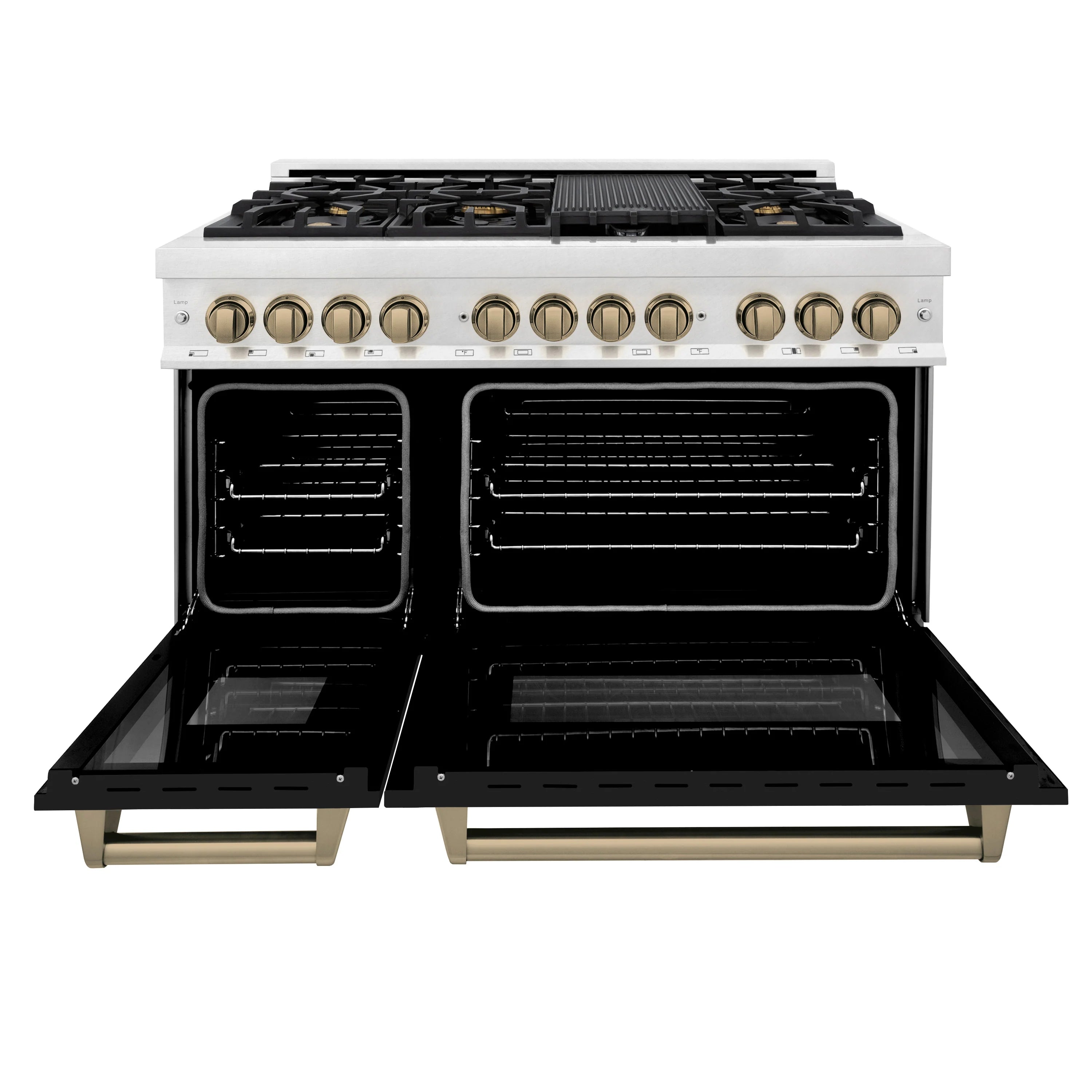 Dual fuel range with open oven cavity, stainless control panel and gas burners
