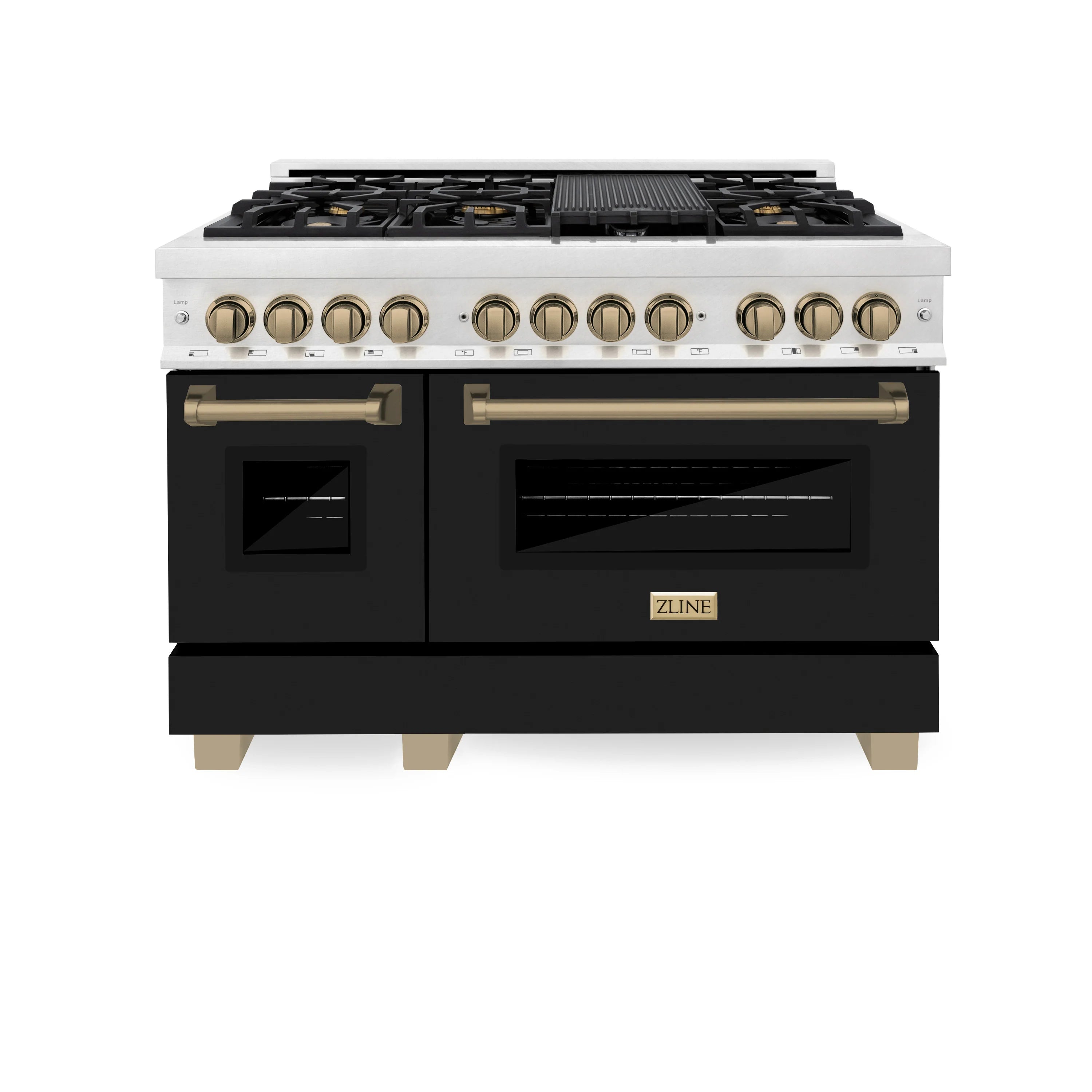 Dual fuel range with closed black oven doors and stainless front with champagne accents