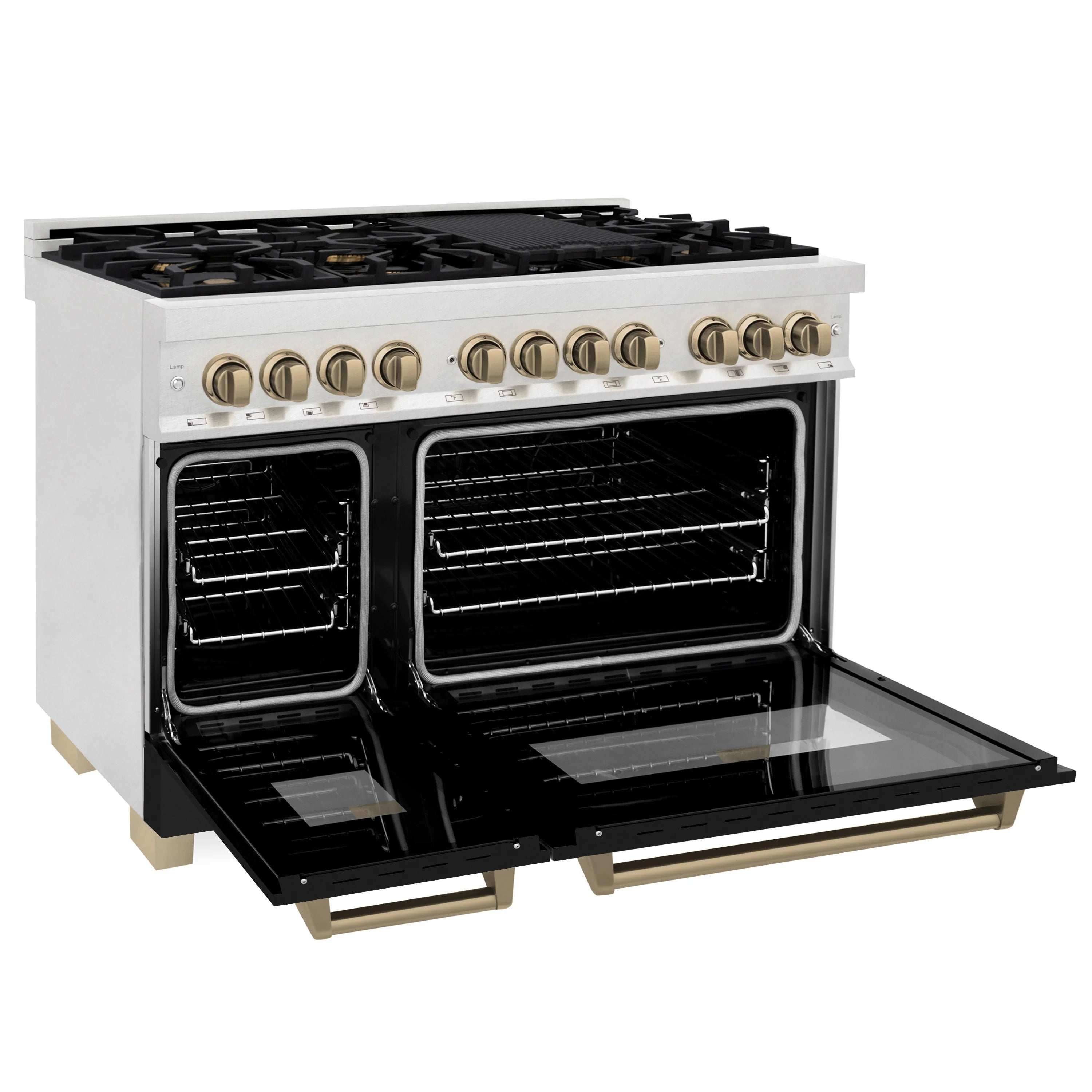 Dual fuel range with open black oven doors and stainless control panel
