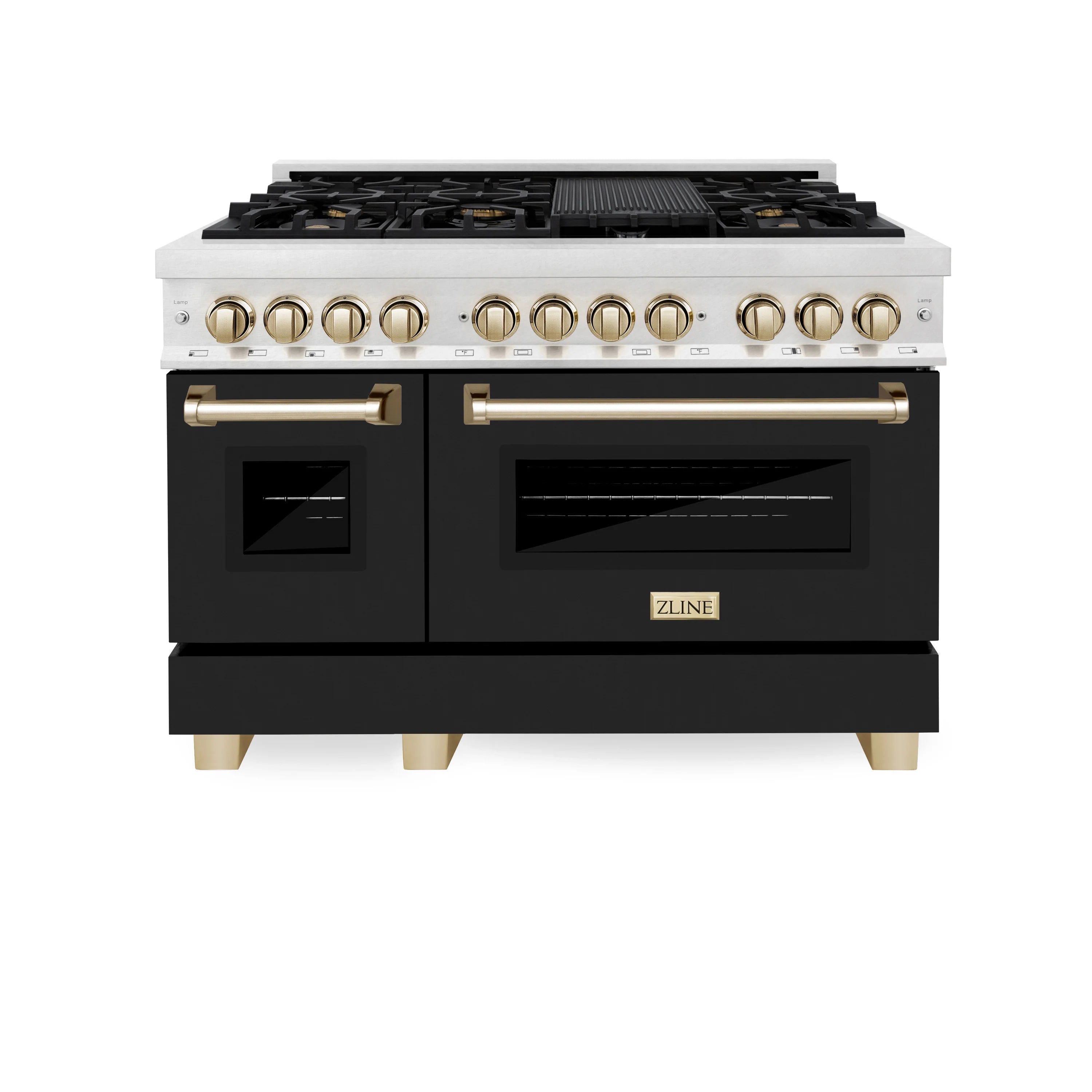 Dual fuel range with black oven doors, gold knobs, and gas cooktop grates